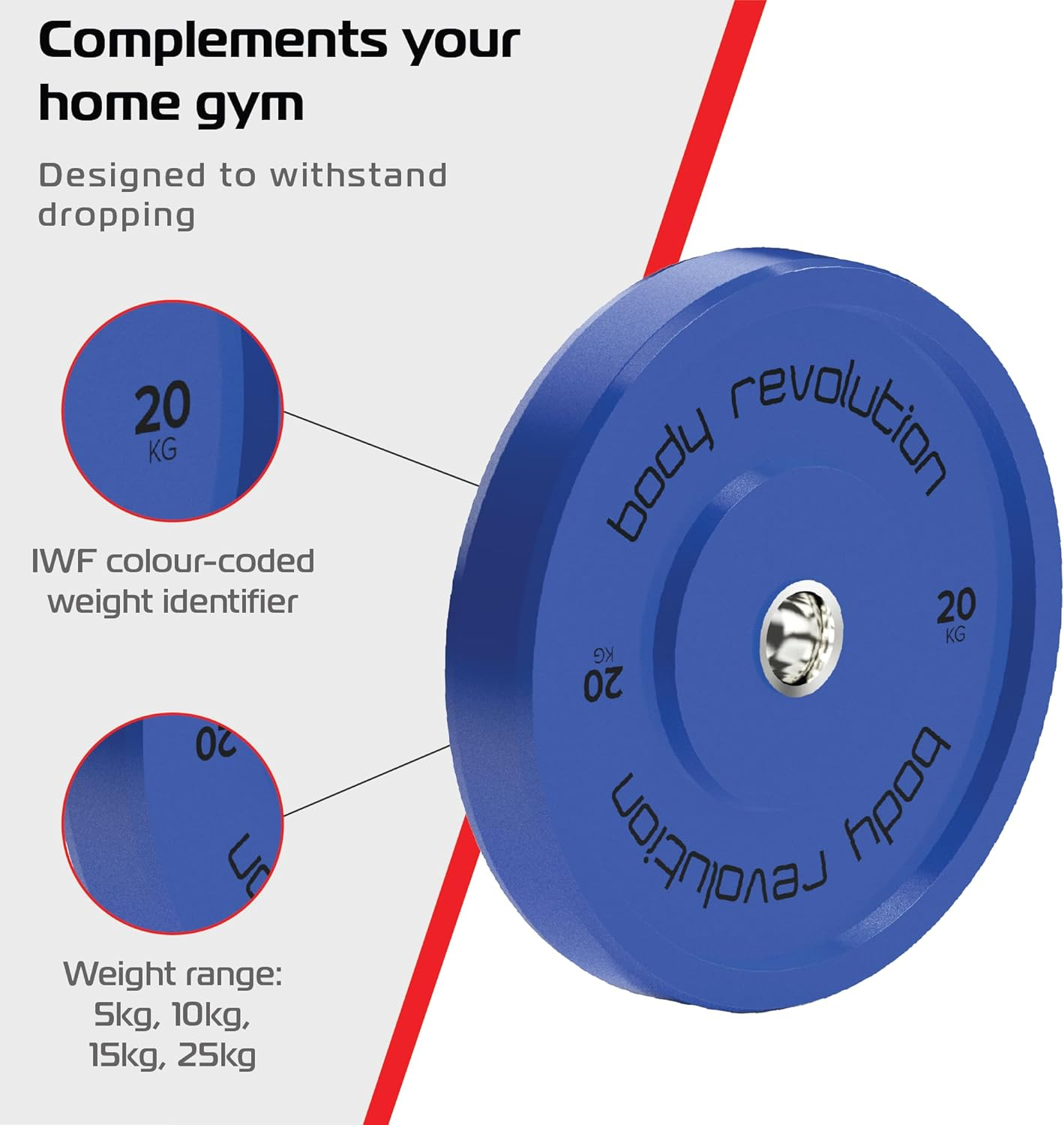 Disco de pesas azul de 20 kg con texto 'body revolution'. Diseñado para gimnasios.