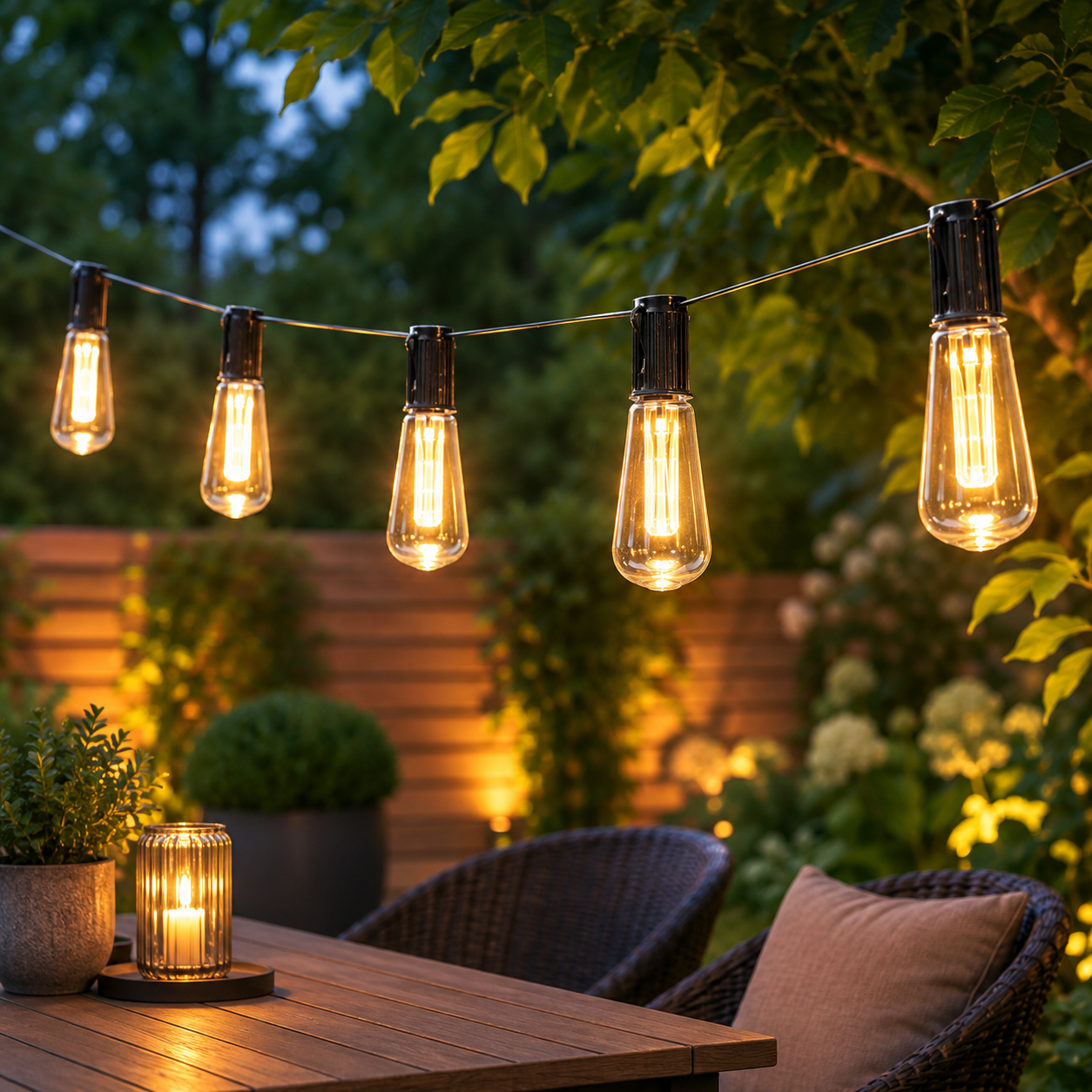 Outdoor string lights illuminate a patio table with chairs, plants, and a candle at dusk.