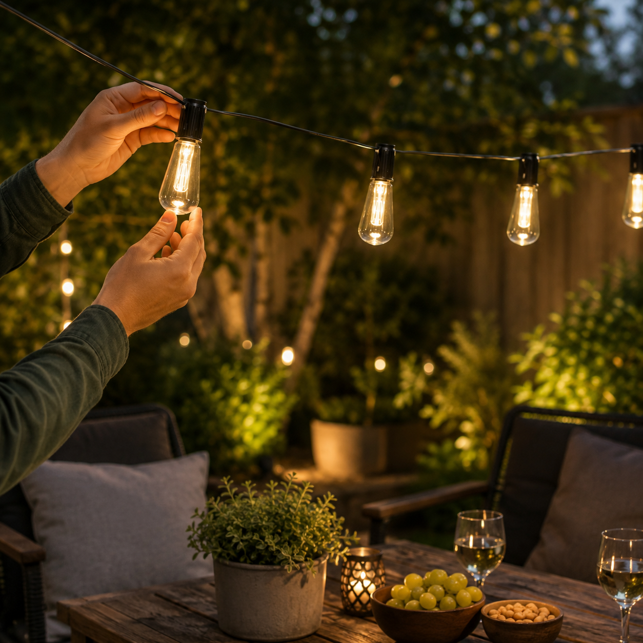 Hands screwing bulb into string lights; patio furniture and wine in background.