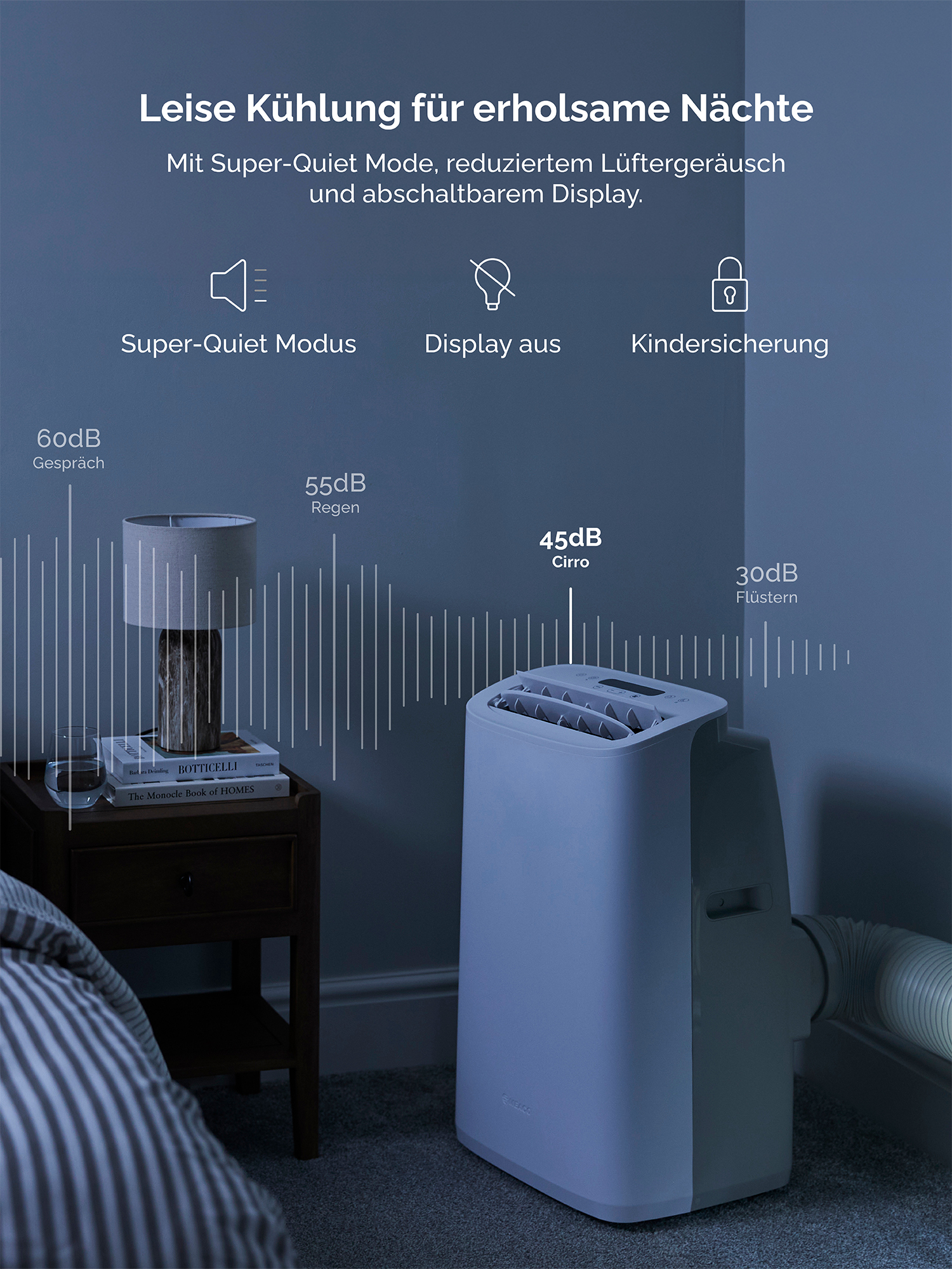 Aire acondicionado silencioso con varios niveles de sonido y funciones.