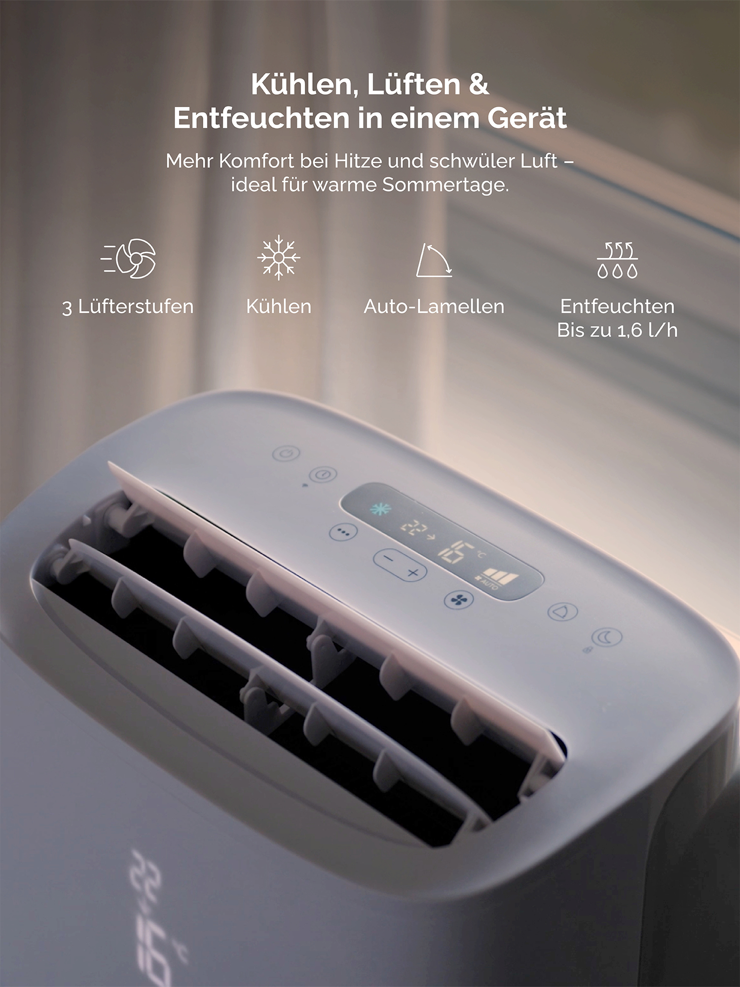 Aire acondicionado portátil con 3 velocidades de ventilador, refrigeración, lamas automáticas y deshumidificación.