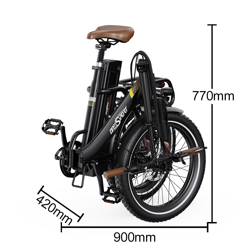 Bicicleta plegable negra con sillín marrón y paquete de baterías, 900x420x770mm.