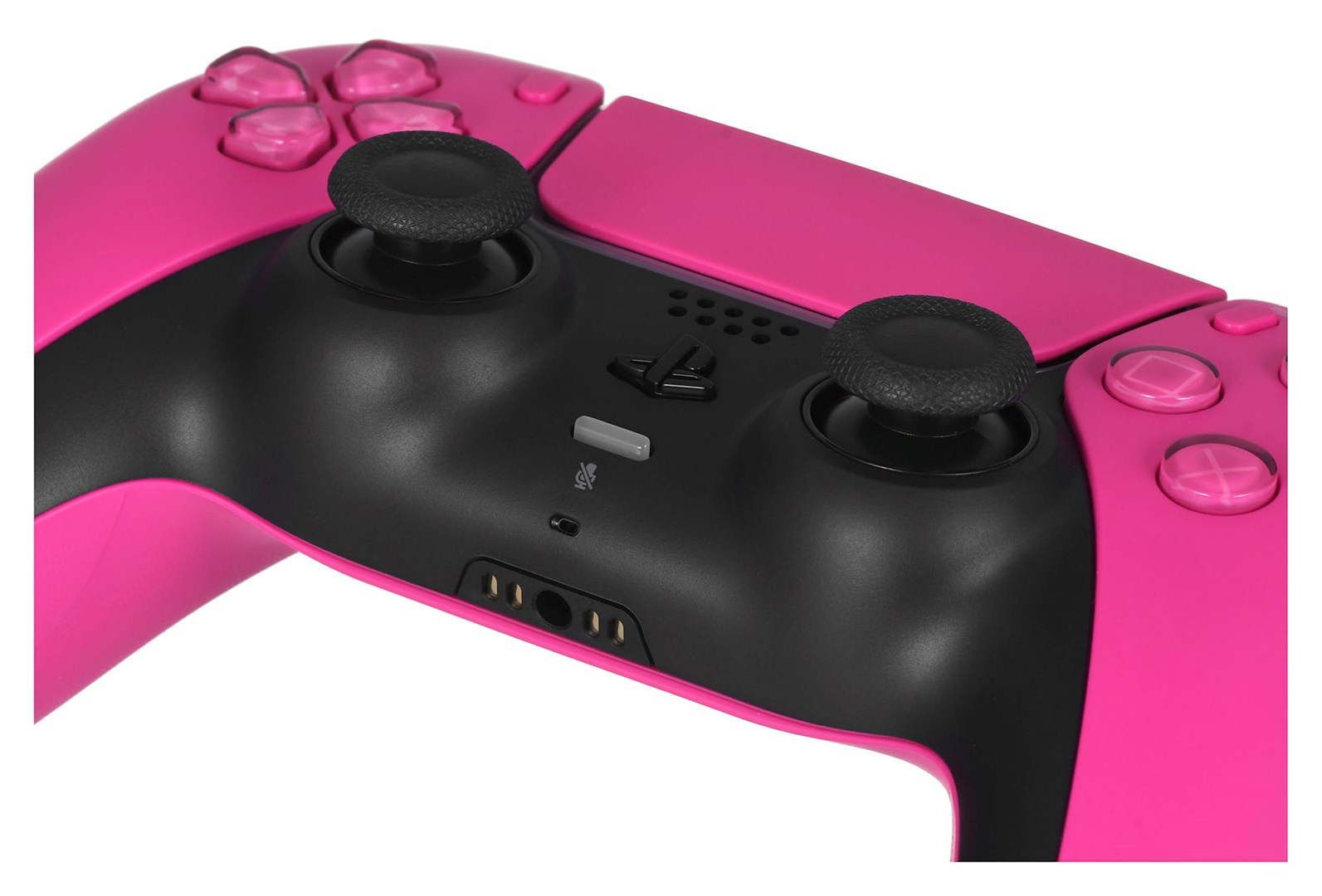 Ein pinker Controller mit schwarzen Joysticks und Knöpfen auf weißem Hintergrund.