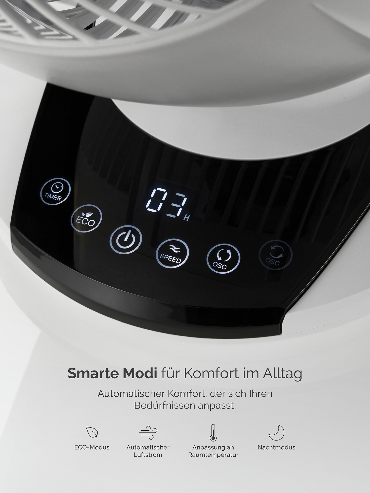Primo piano del pannello di controllo di un ventilatore con icone e display digitale.
