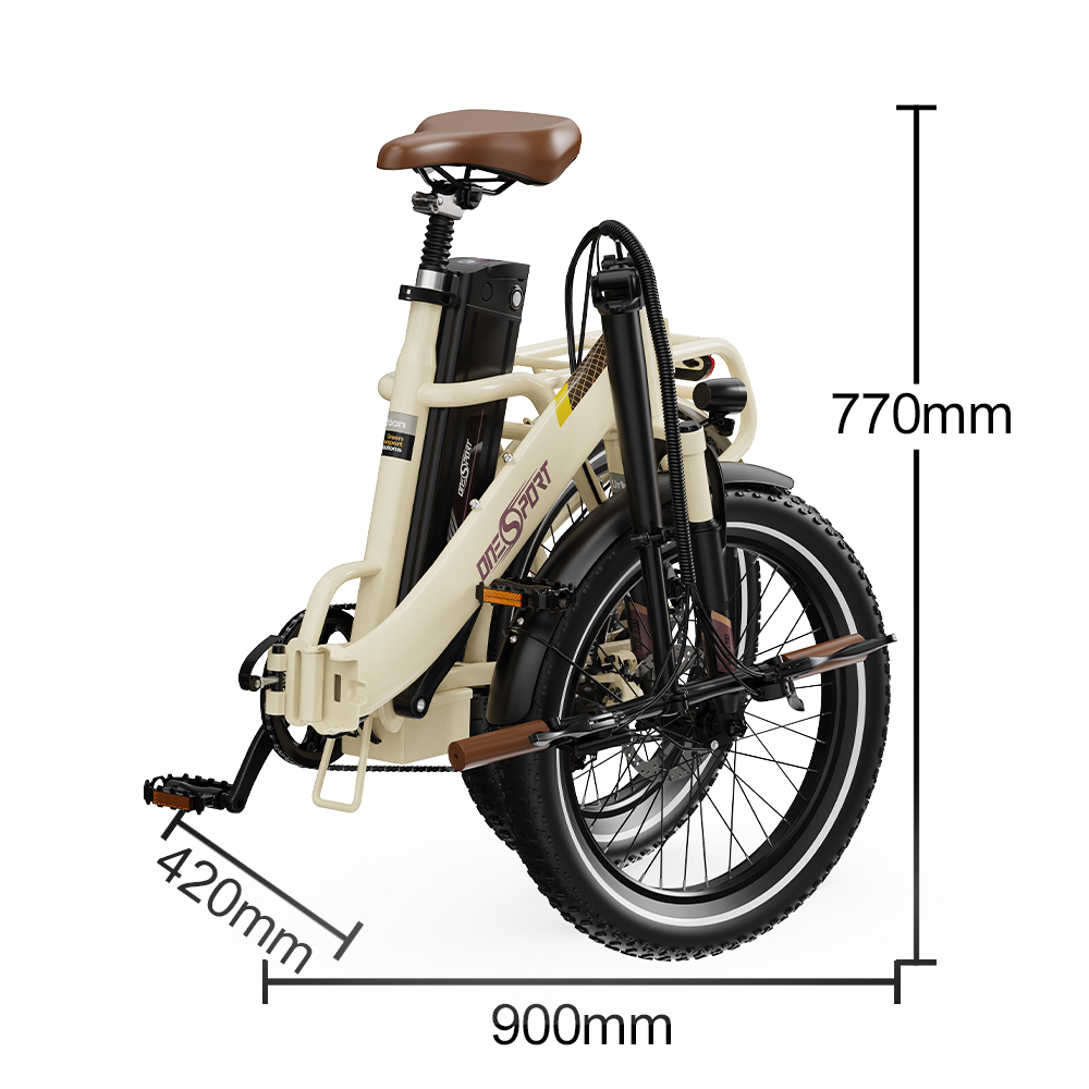 Una bicicleta eléctrica plegable color crema con sillín marrón.