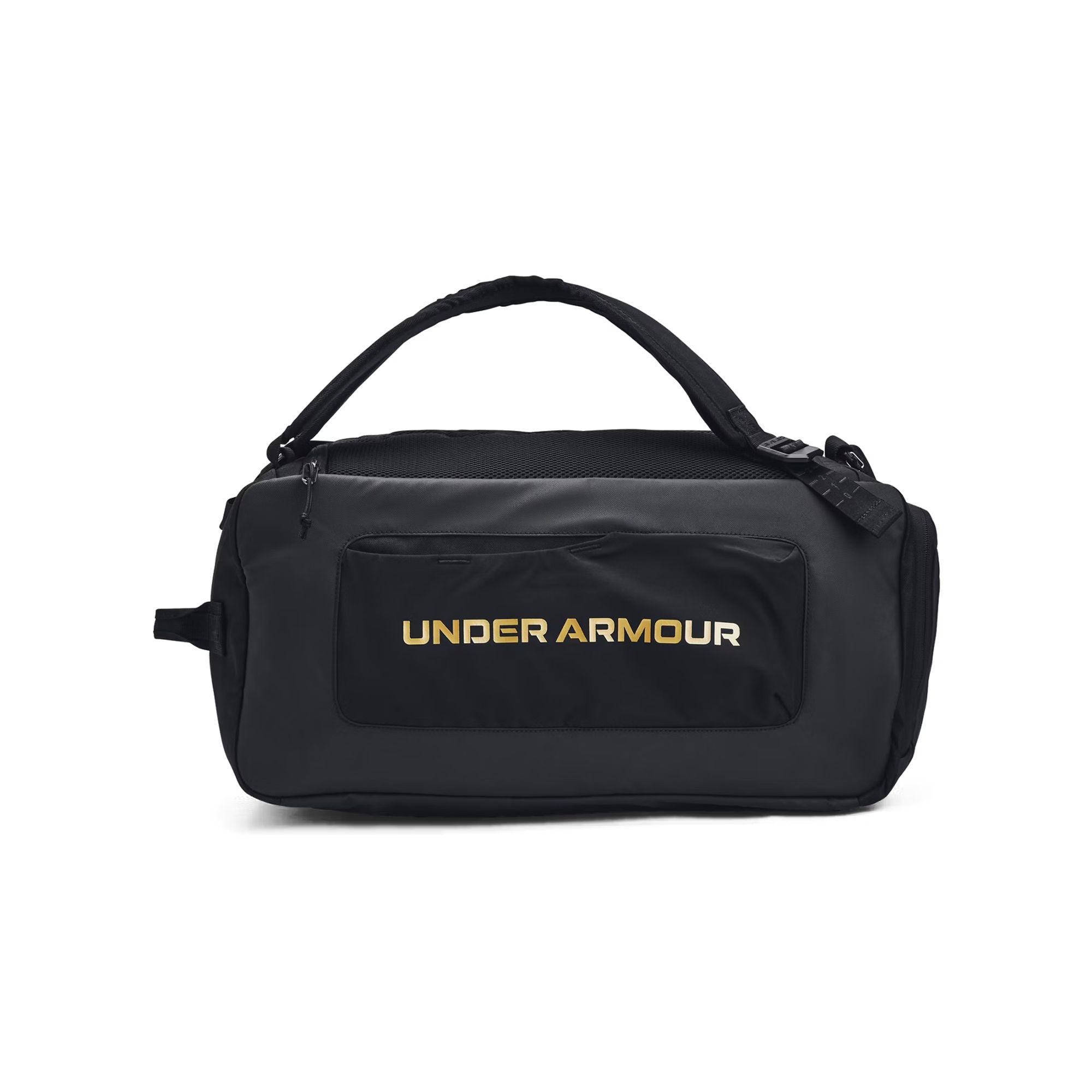 Schwarze Sporttasche mit goldenem Under Armour Logo, schlicht.