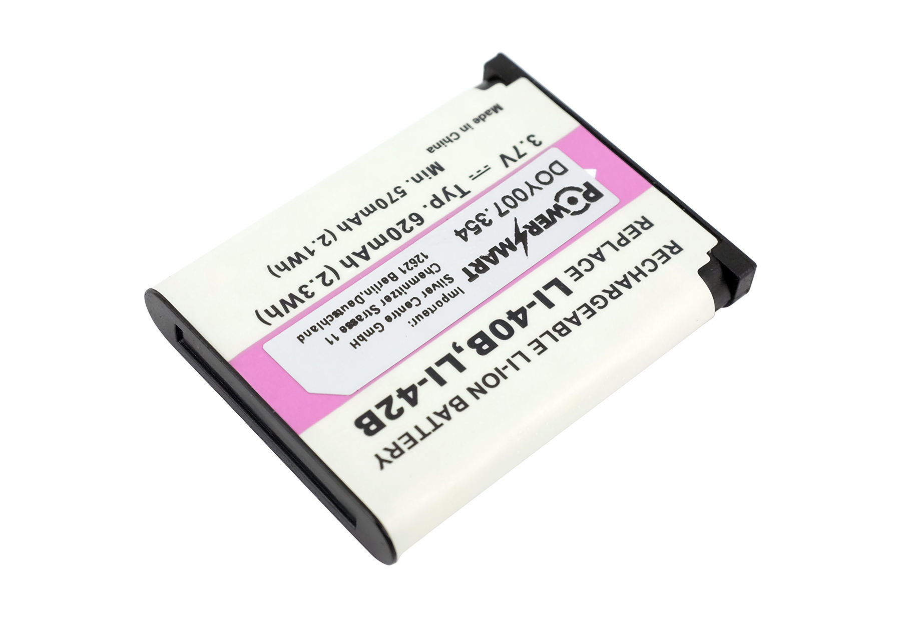 Lithium-Ionen-Akku LI-40B/LI-42B von PowerMart, 3,7V, 620mAh, weiß mit Aufdruck.