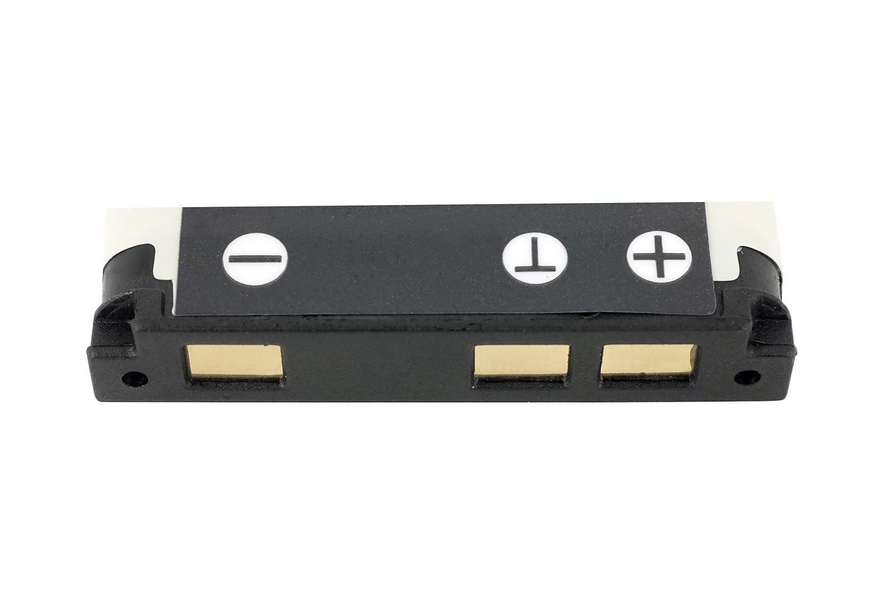 Schwarzer Batterieanschluss mit Minus-, Mittel- und Plusmarkierungen.