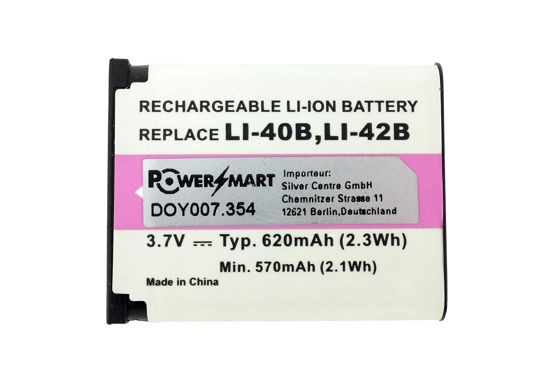 Wiederaufladbarer Li-Ion-Akku, Modell LI-40B/LI-42B, 3,7V, 620mAh.