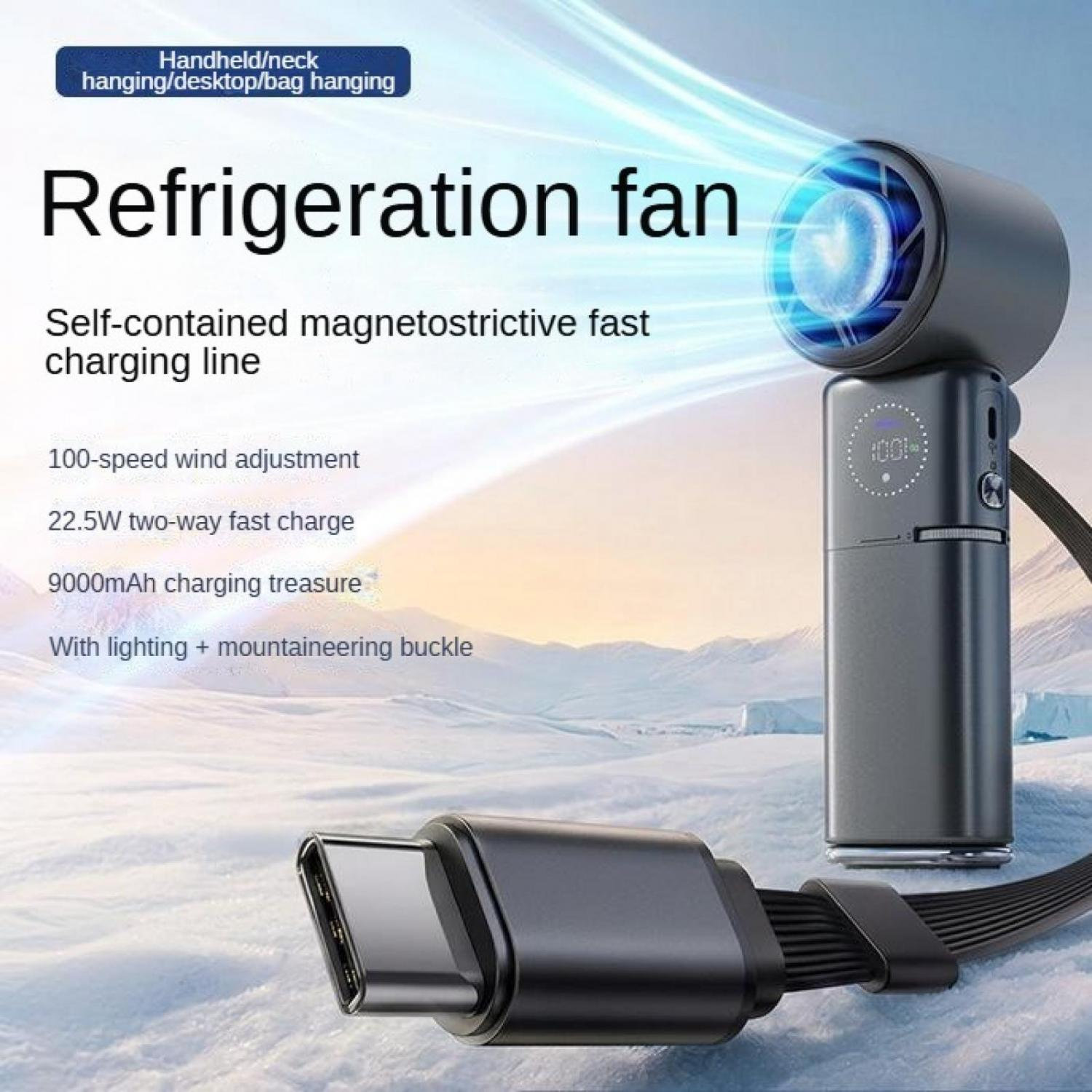 Grauer tragbarer Ventilator mit USB-C-Kabel auf verschneitem Hintergrund. Merkmale: 100 Geschw., Schnellladung.