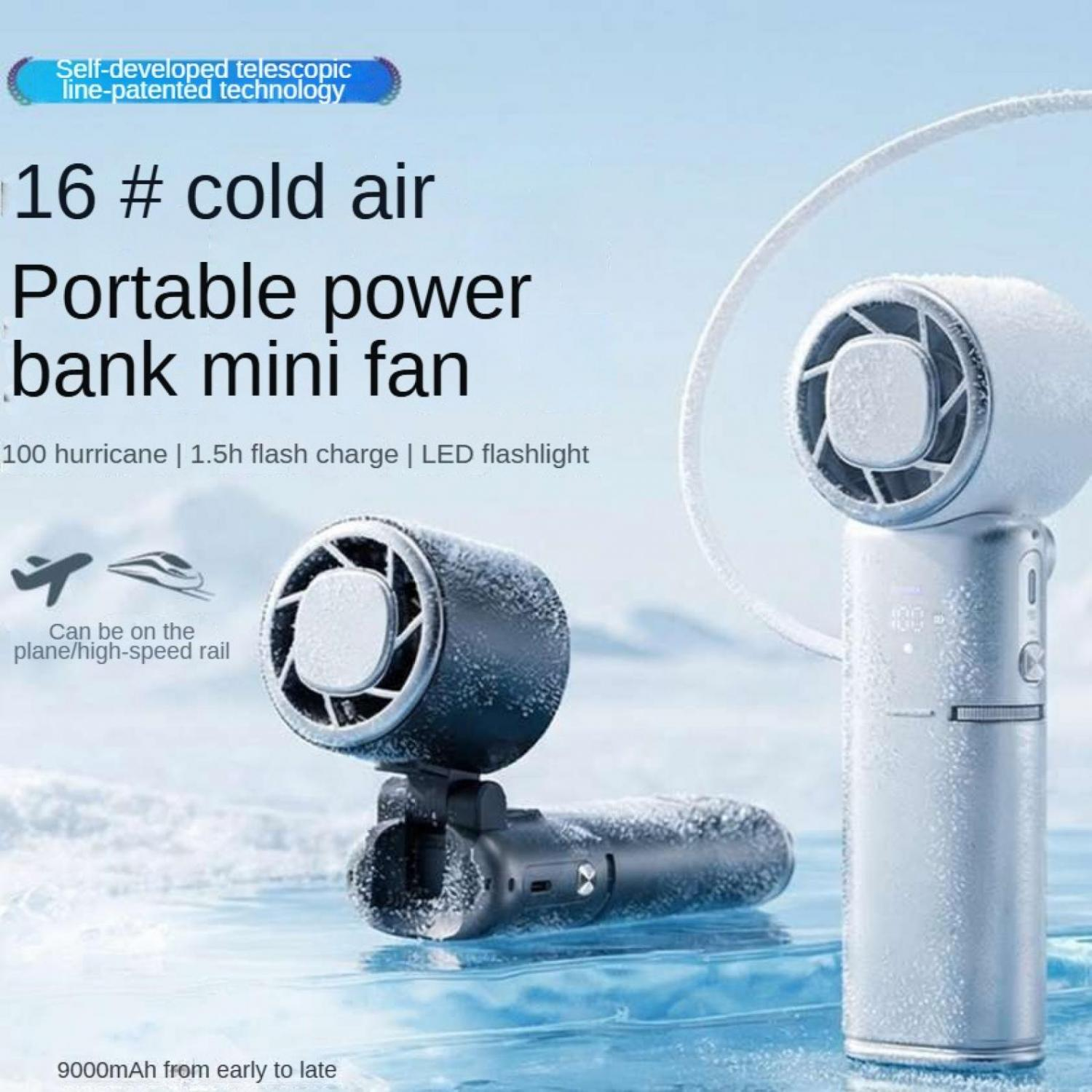 Ein tragbarer Mini-Ventilator mit Kaltluftfunktion und 9000mAh Akku, eisbedeckt.