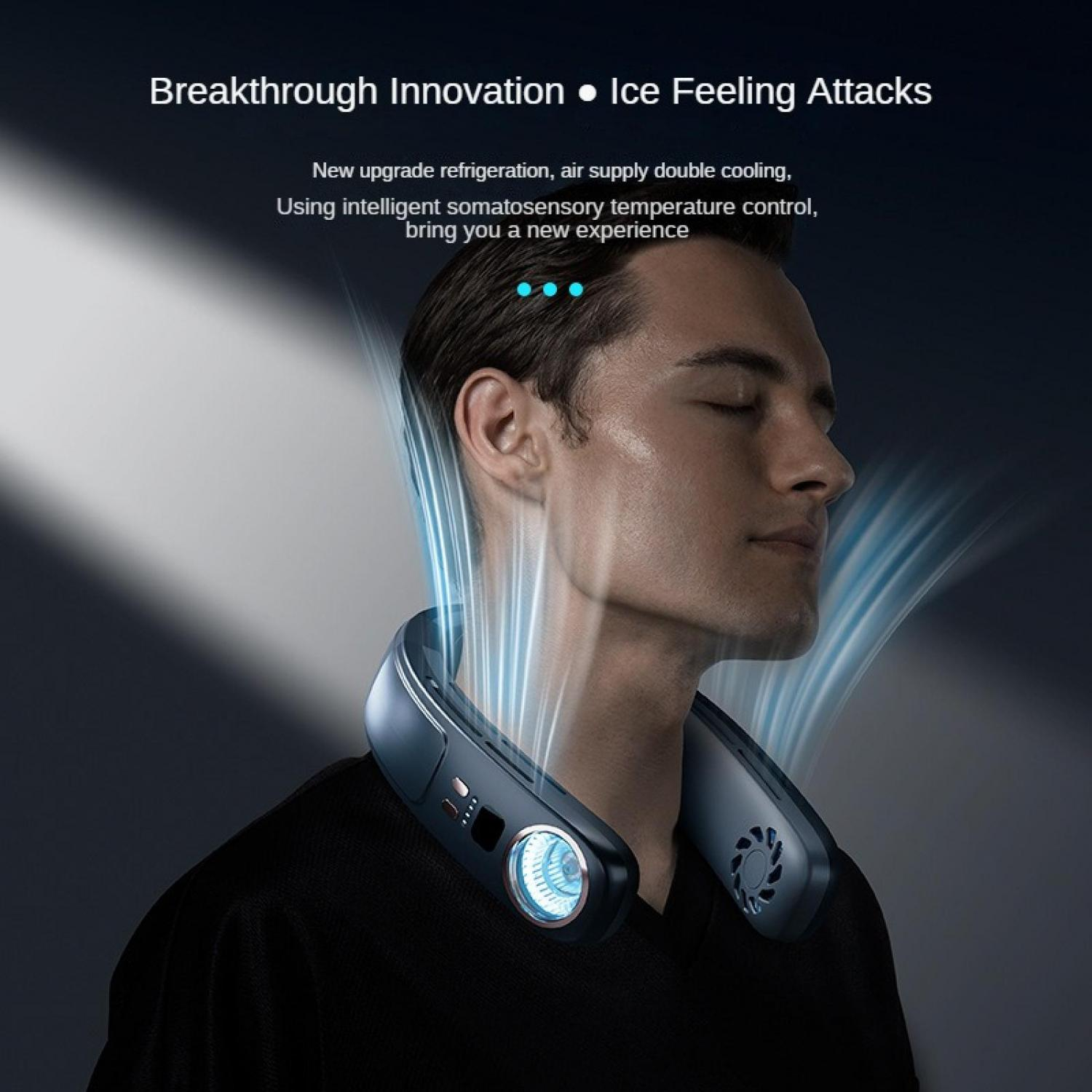 Ein Mann trägt einen Nackenventilator mit blauen Luftströmen.