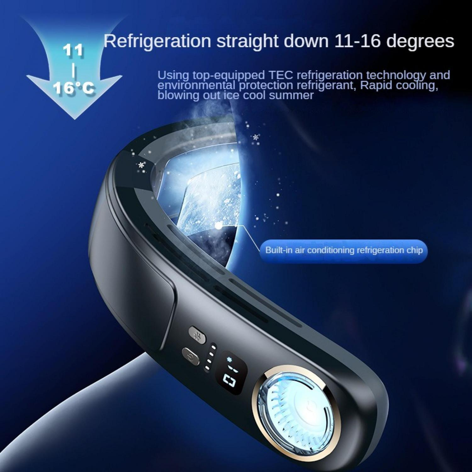 Schwarzer Nackenventilator mit blauem Licht, zeigt 11-16 Grad Kühlung.
