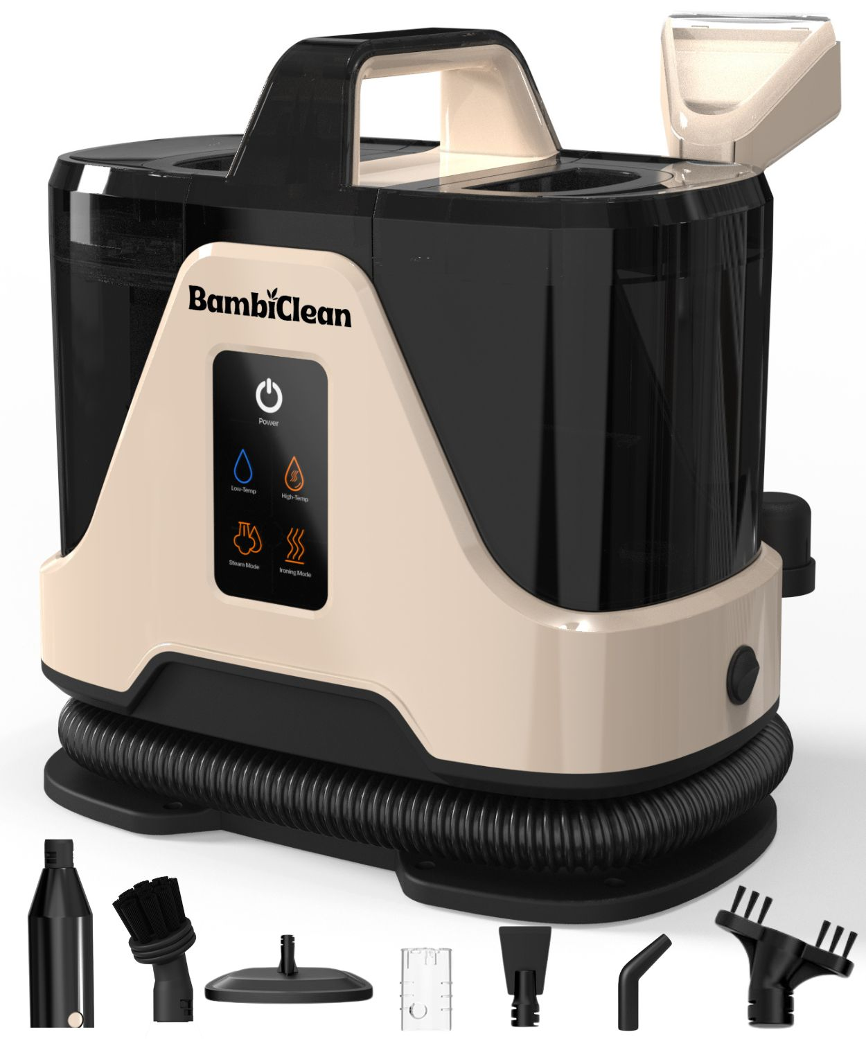 Ein Dampfreiniger mit Zubehör, Schwarz und Beige, mit Bedienelementen.