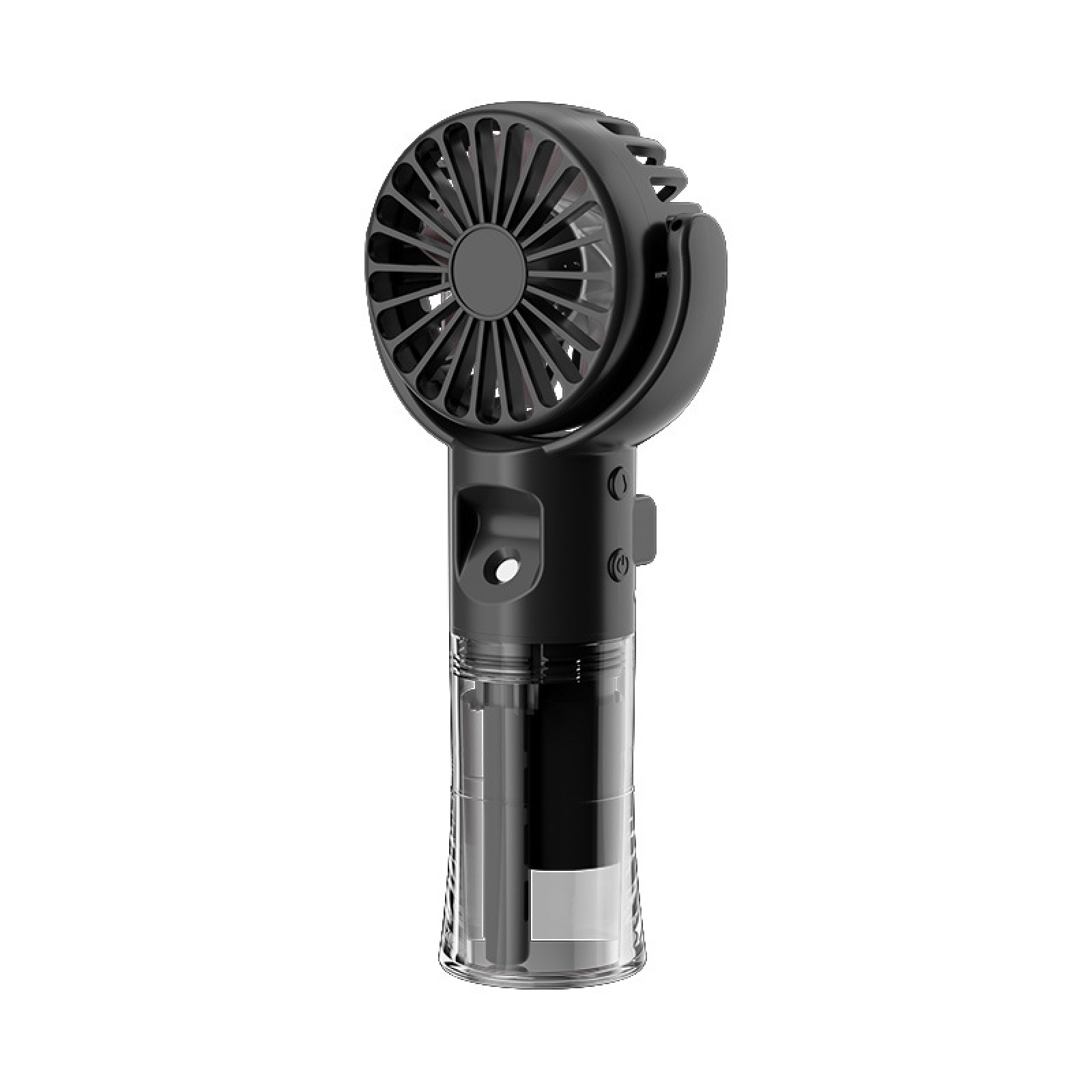 Ein schwarzer, tragbarer Ventilator mit transparentem Griff, der Batterien zeigt.