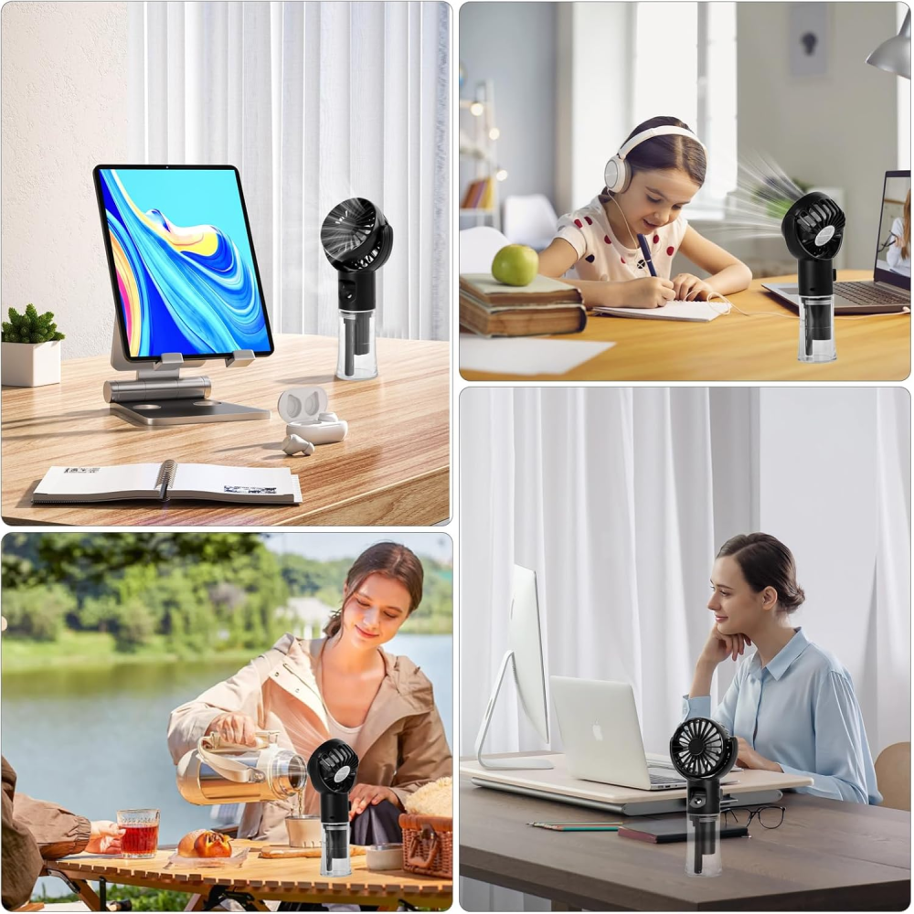Ein tragbarer Mini-Ventilator wird in verschiedenen Szenarien gezeigt: auf einem Schreibtisch, beim Lernen und im Freien.