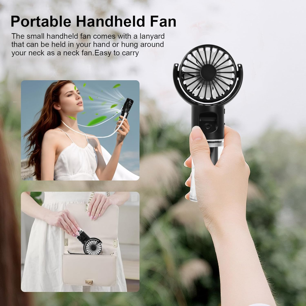 Handheld-Ventilator mit Lanyard, der von einer Frau gehalten wird, die ihn um den Hals trägt.