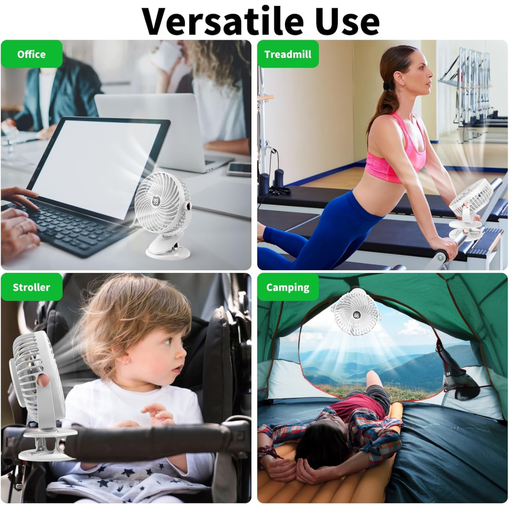 Vier Szenen zeigen einen Ventilator im Einsatz: im Büro, auf einem Laufband, im Kinderwagen, im Zelt.