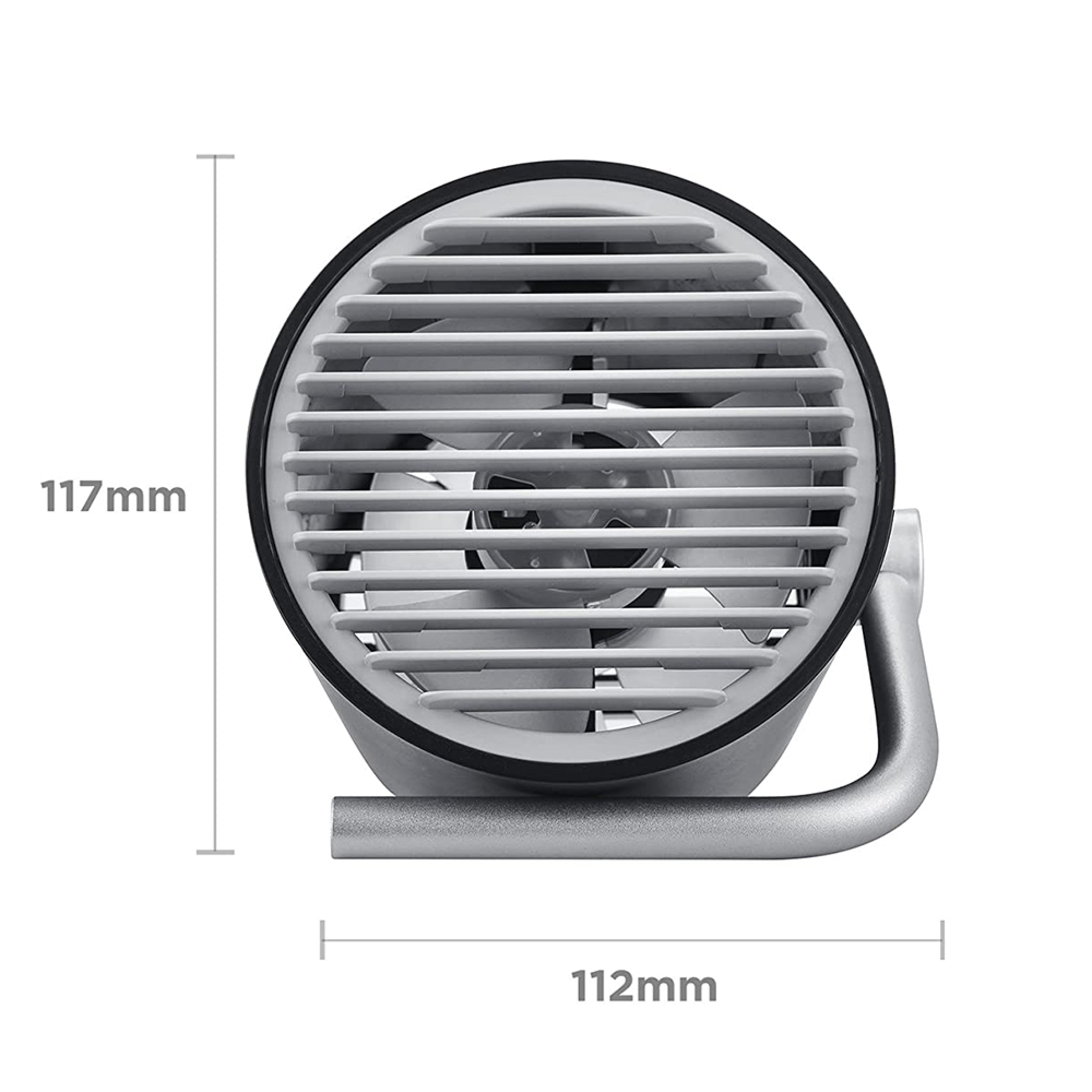 Ein kleiner, silberner Ventilator mit Gitter und verstellbarem Ständer.