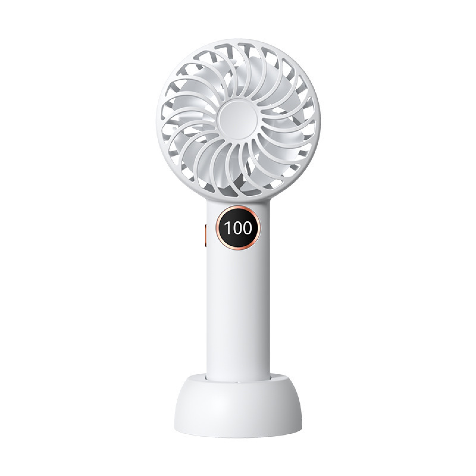 Ein weißer, tragbarer Ventilator mit Ständer und einer digitalen Anzeige von 100.