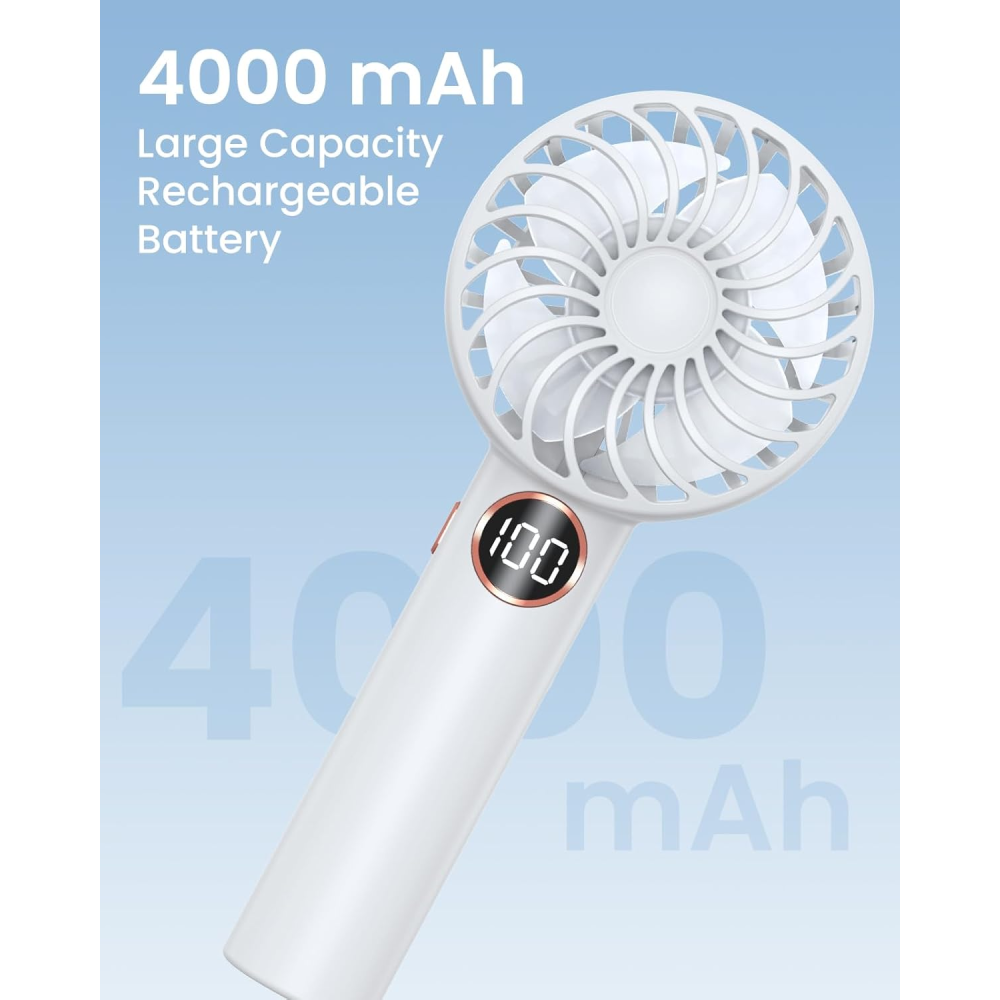 Ein weißer tragbarer Ventilator mit Digitalanzeige (100) vor blauem Farbverlauf.