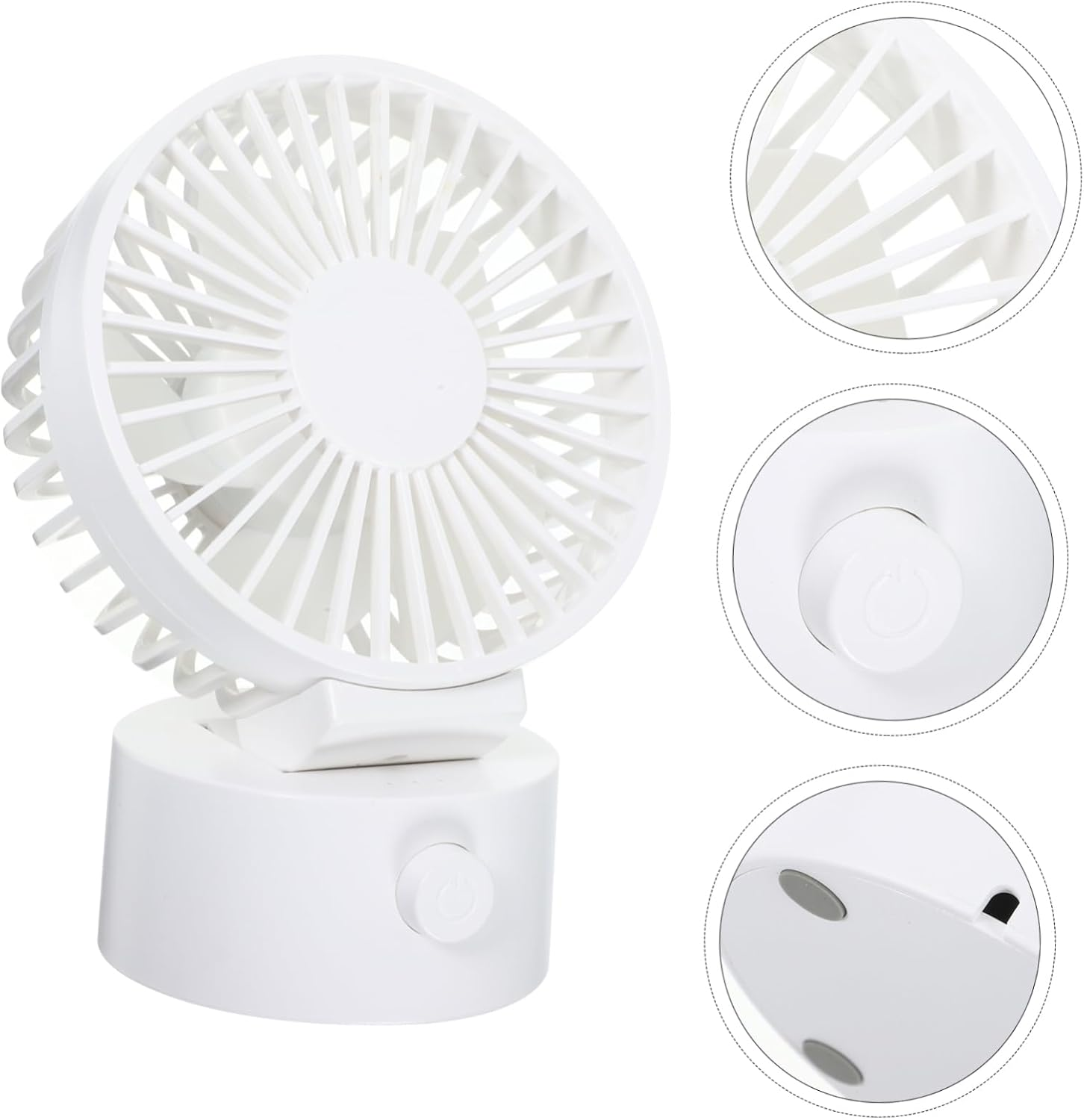 Ein weißer kleiner Ventilator mit einstellbarem Kopf und Ein-/Ausschalter.