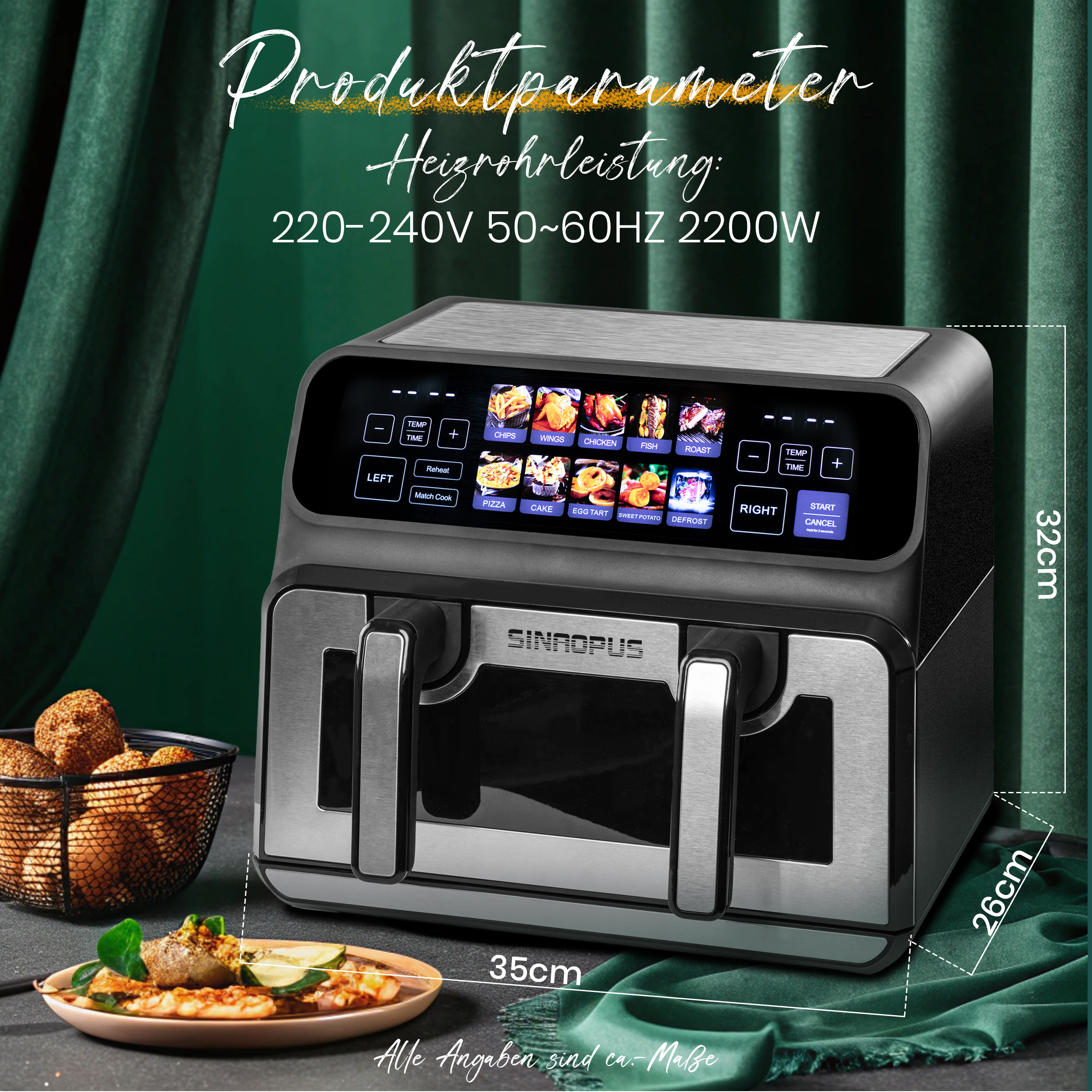 Ein moderner Sinopuse Air Fryer mit Touchscreen, der verschiedene Kochoptionen zeigt.