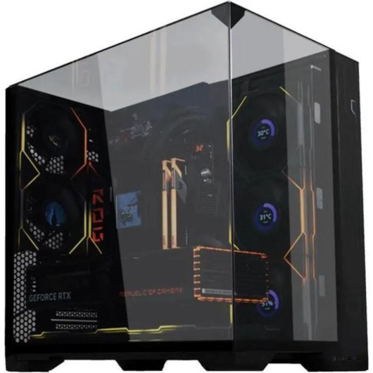 Un case PC nero con pannelli in vetro, ventole illuminate e accenti RGB.