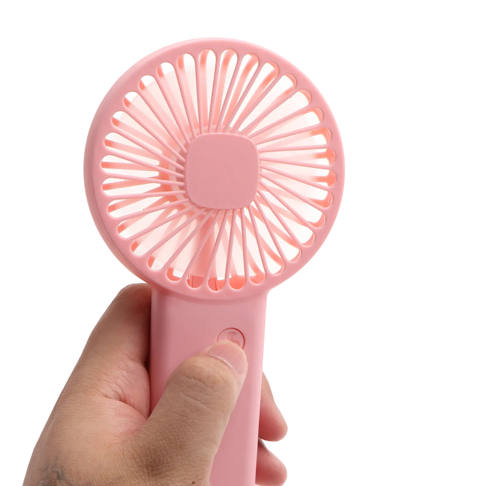 Eine Hand hält einen kleinen, rosafarbenen Ventilator mit weißem Hintergrund.