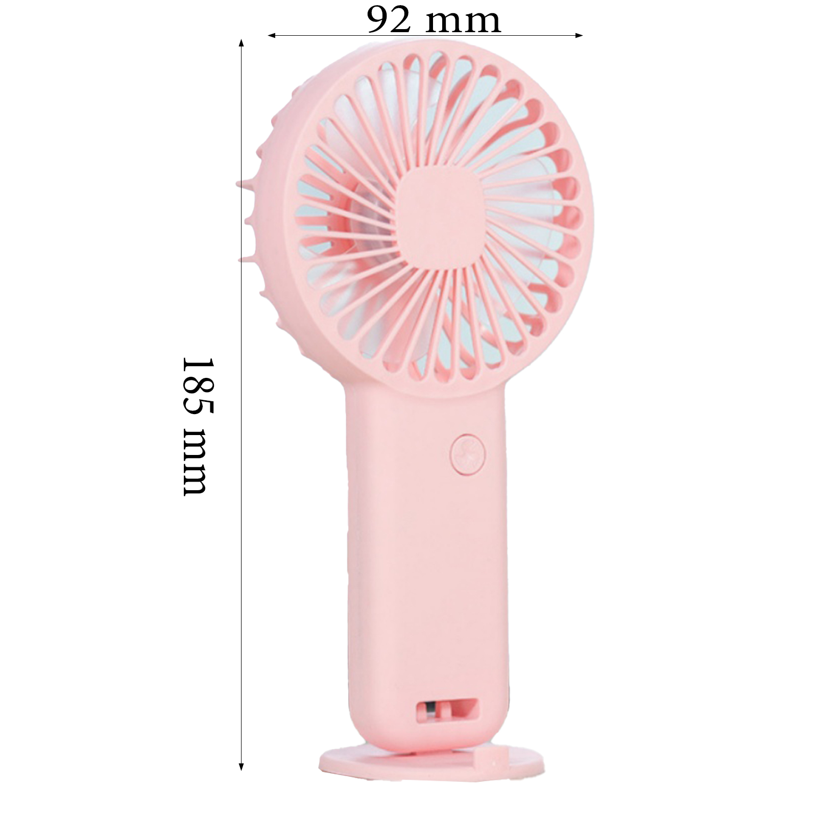 Ein kleiner rosafarbener Ventilator mit Griff und Ladeanschluss.