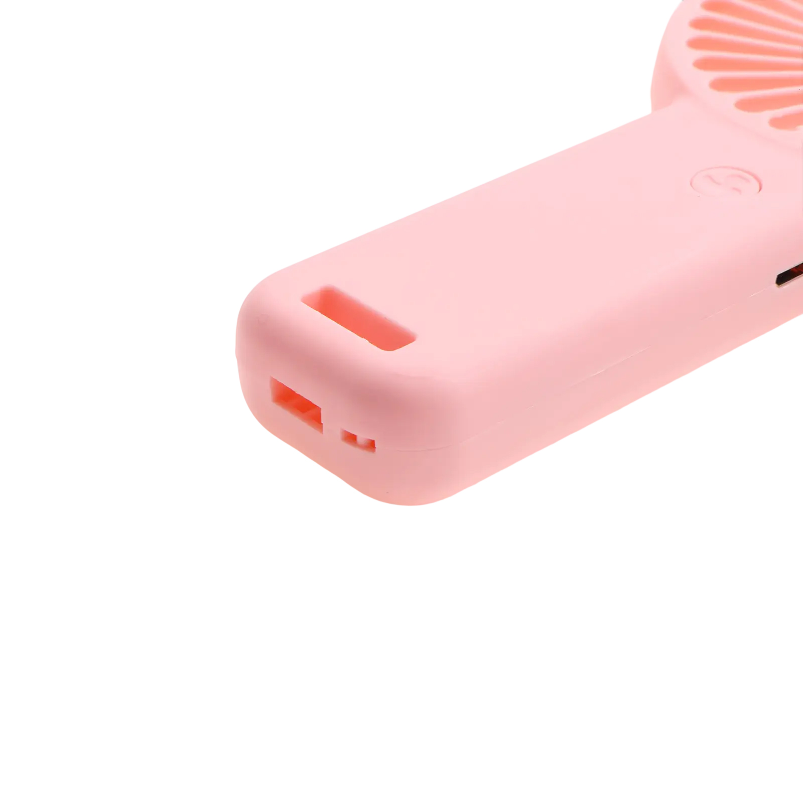 Ein rosafarbener Mini-Ventilator mit USB-Anschlüssen und Lüfterblättern.