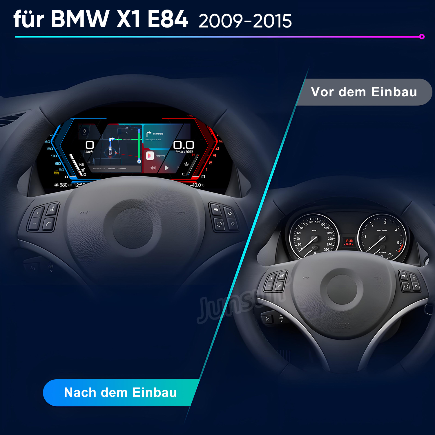 Vergleich zweier BMW X1 E84-Cockpits: links digital, rechts analog, vor und nach dem Einbau.