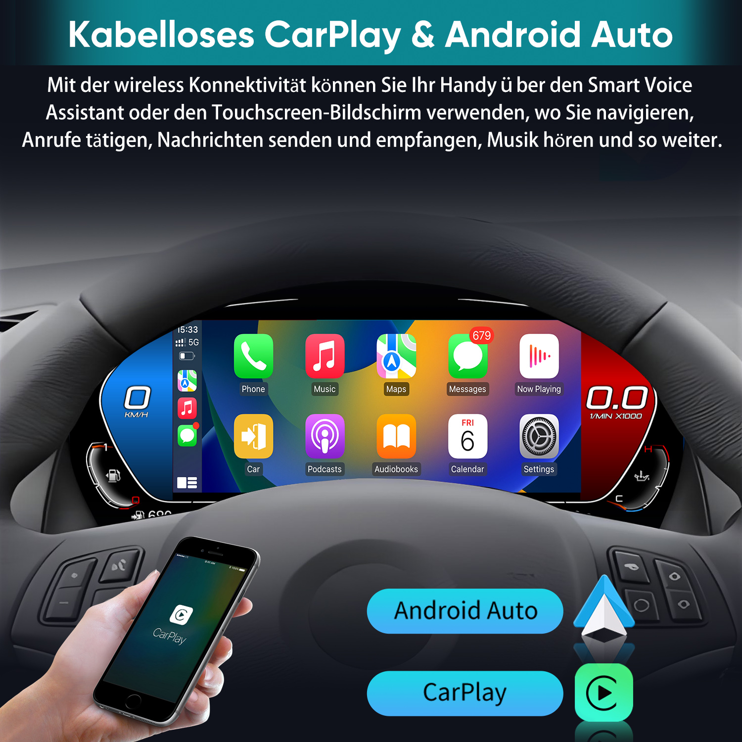 Ein Auto-Infotainmentsystem mit CarPlay und Android Auto, das Apps auf einem großen Bildschirm anzeigt.
