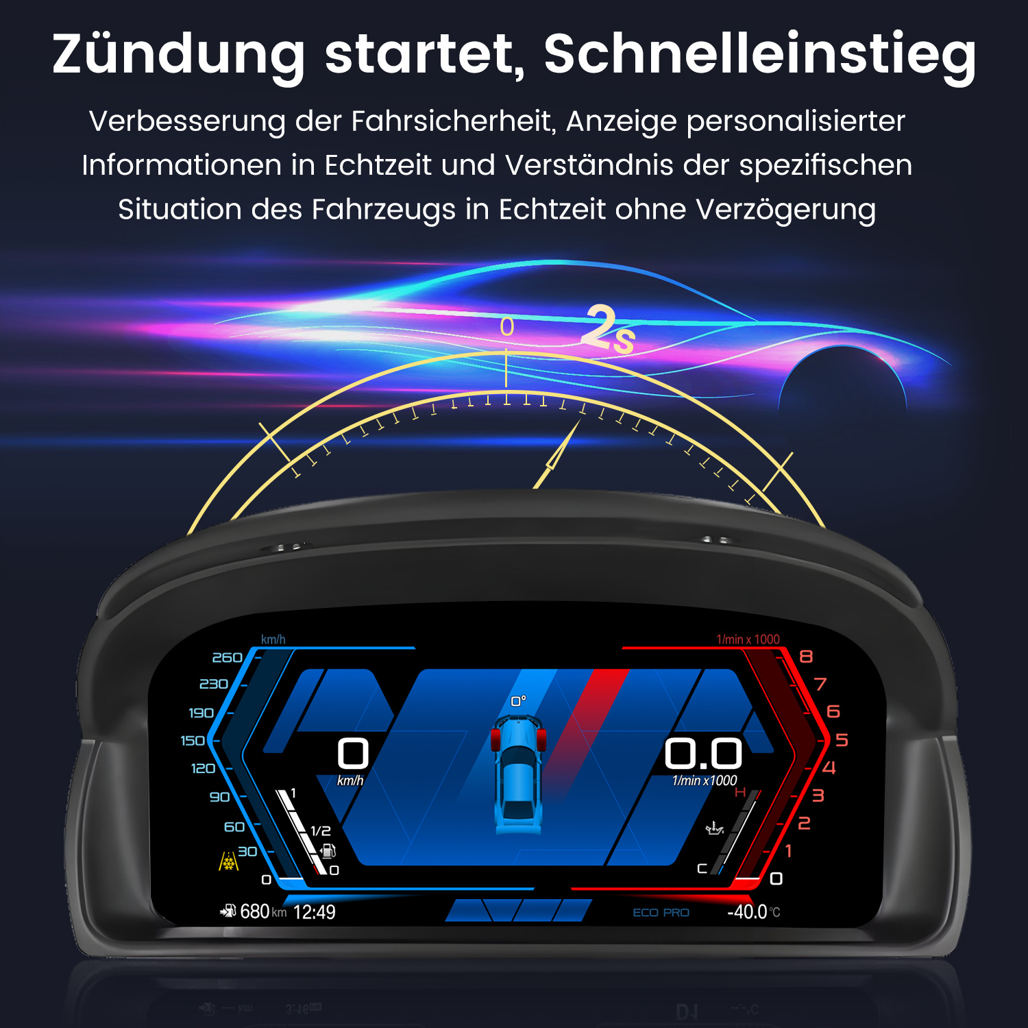 Digitales Armaturenbrett mit Tachometer, Drehzahlmesser und Fahrzeugstatusanzeigen.