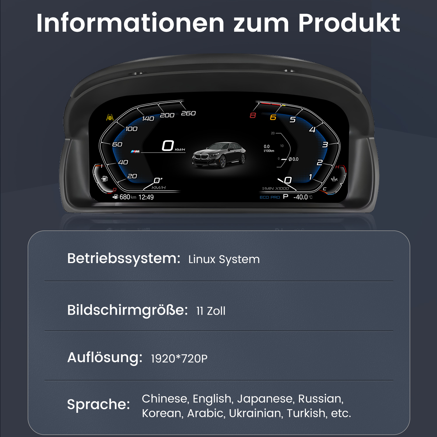 Digitale Armaturenbrett-Anzeige mit Auto-Symbol, Tachometer, Drehzahlmesser und Uhr.