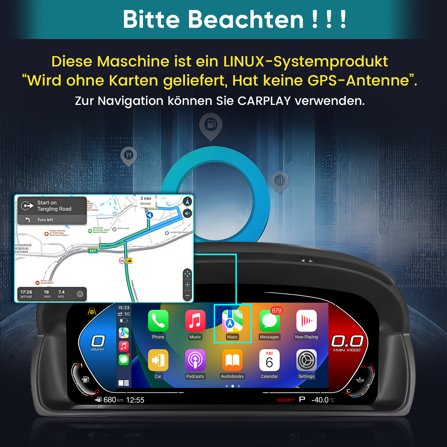 Auto-Infotainment-System mit Navigationskarte und App-Symbolen wie Telefon, Musik, Karten.