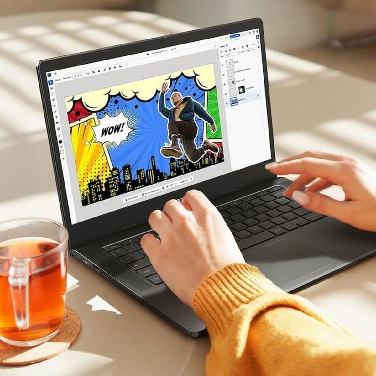Eine Person bearbeitet ein Comicbild auf einem Laptop, daneben eine Tasse Tee.