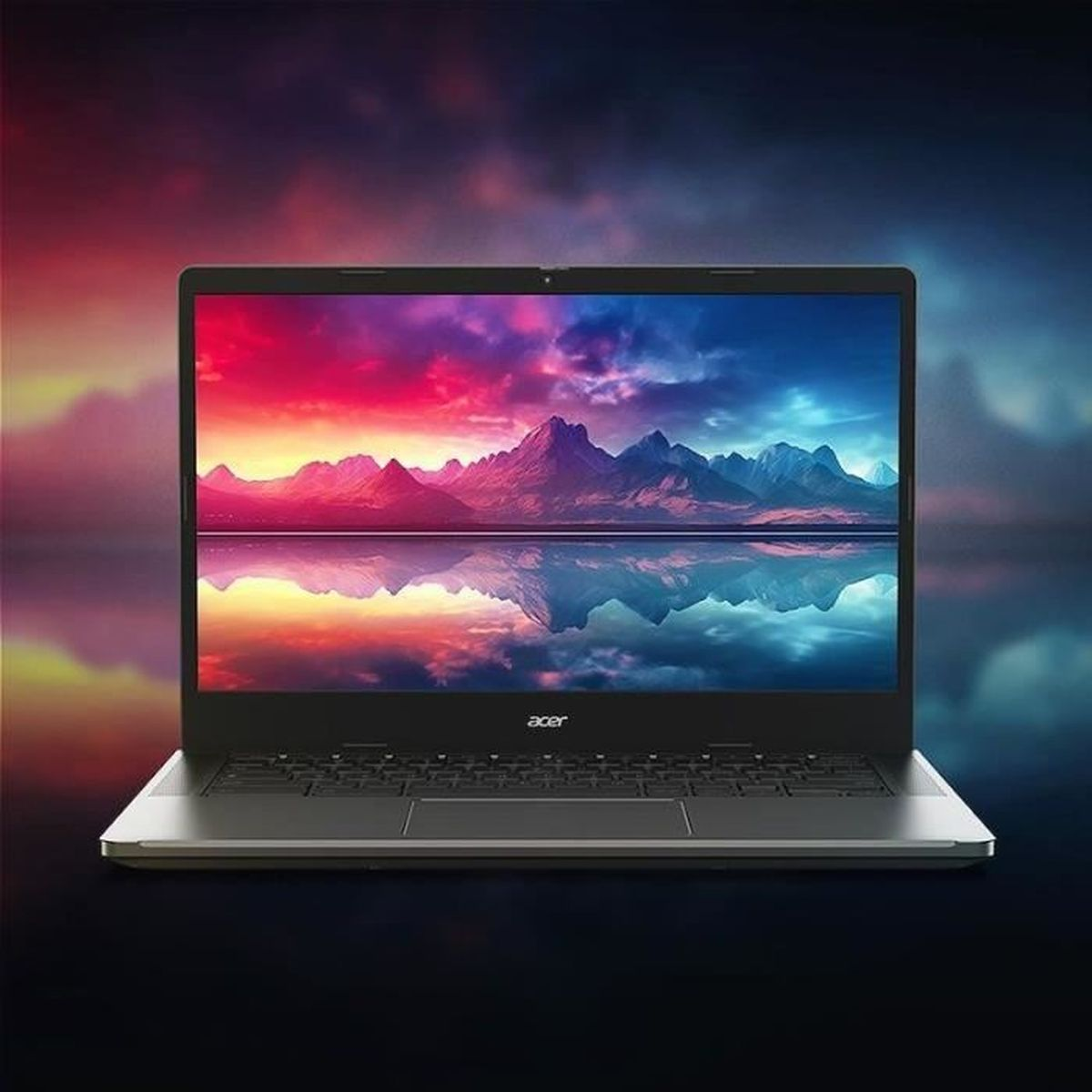 Ein geöffneter Laptop mit einem Berg- und See-Bildschirmhintergrund.