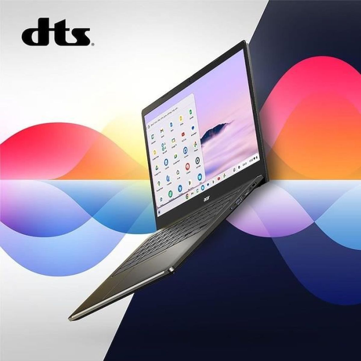 Ein schwarzer Laptop mit geöffnetem Bildschirm, der eine App-Übersicht zeigt, vor einem Hintergrund mit Wellenmustern.