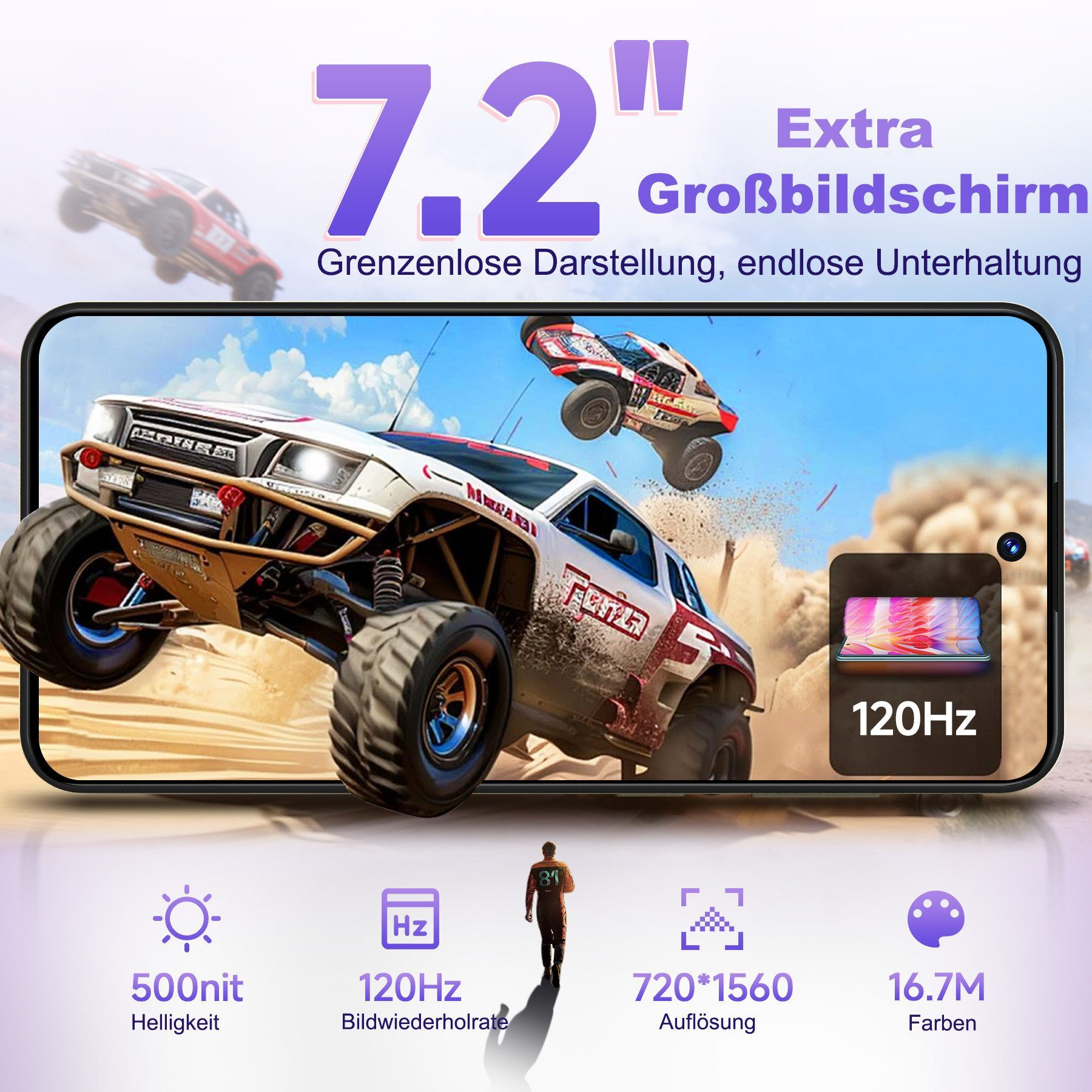 Ein Smartphone mit 7,2-Zoll-Bildschirm zeigt ein Rennspiel mit zwei Monster-Trucks