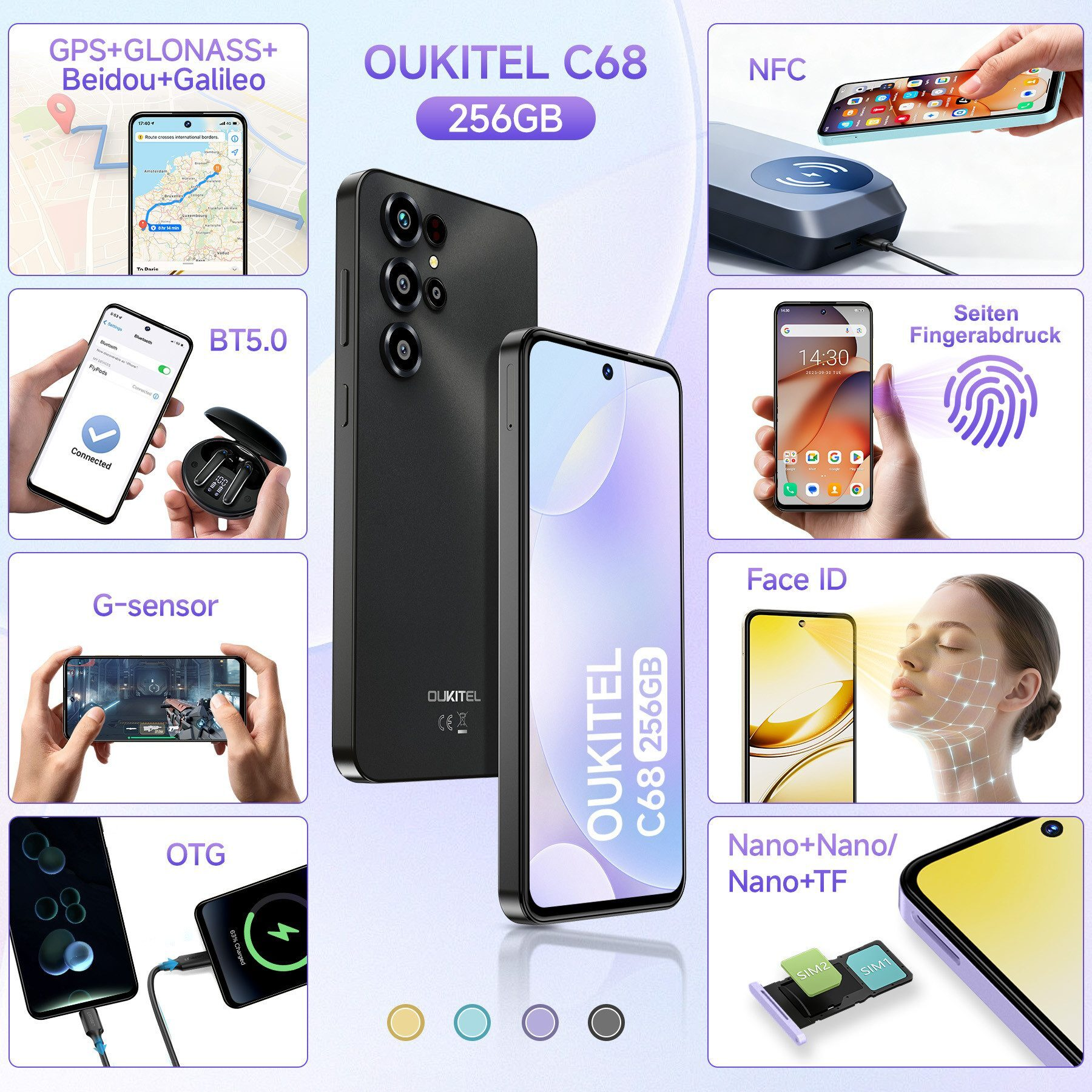 OUKITEL C68 Smartphone: GPS, BT5.0, NFC, G-Sensor, Face ID, OTG, Dual SIM. Schwarz.