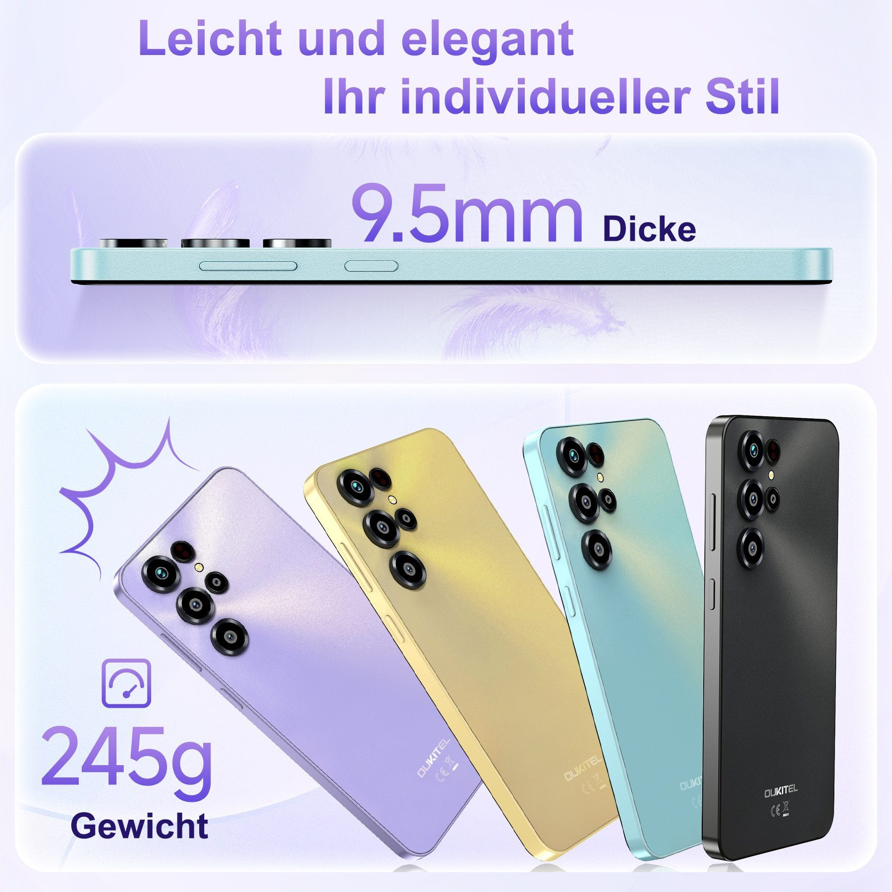 Vier Smartphones in Lavendel, Gold, Türkis und Schwarz. 9.5mm Dicke, 245g Gewicht.