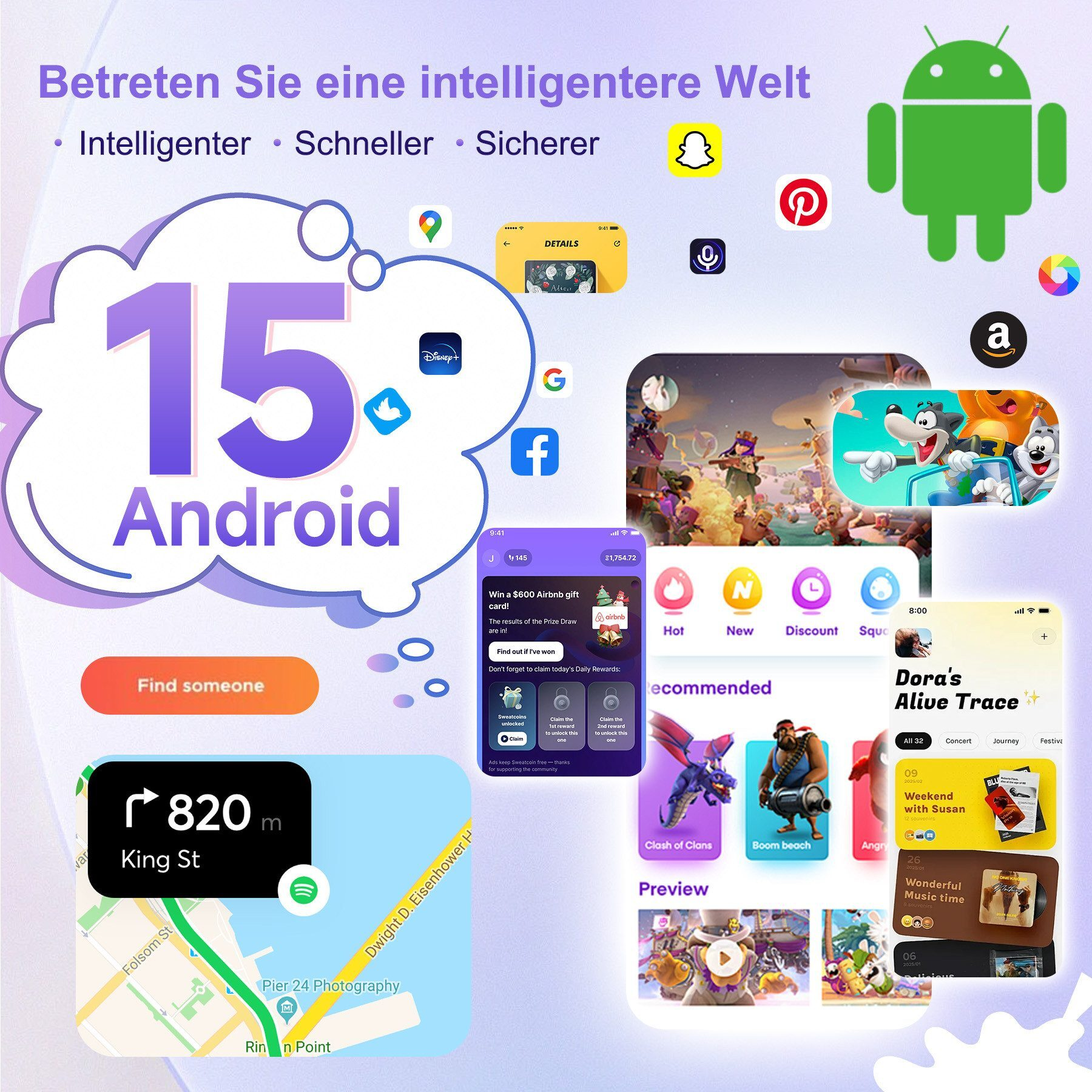 Android 15 mit App-Icons, Text und Karten-Navigation. Eine App zeigt Airbnb-Gewinnspiel an.