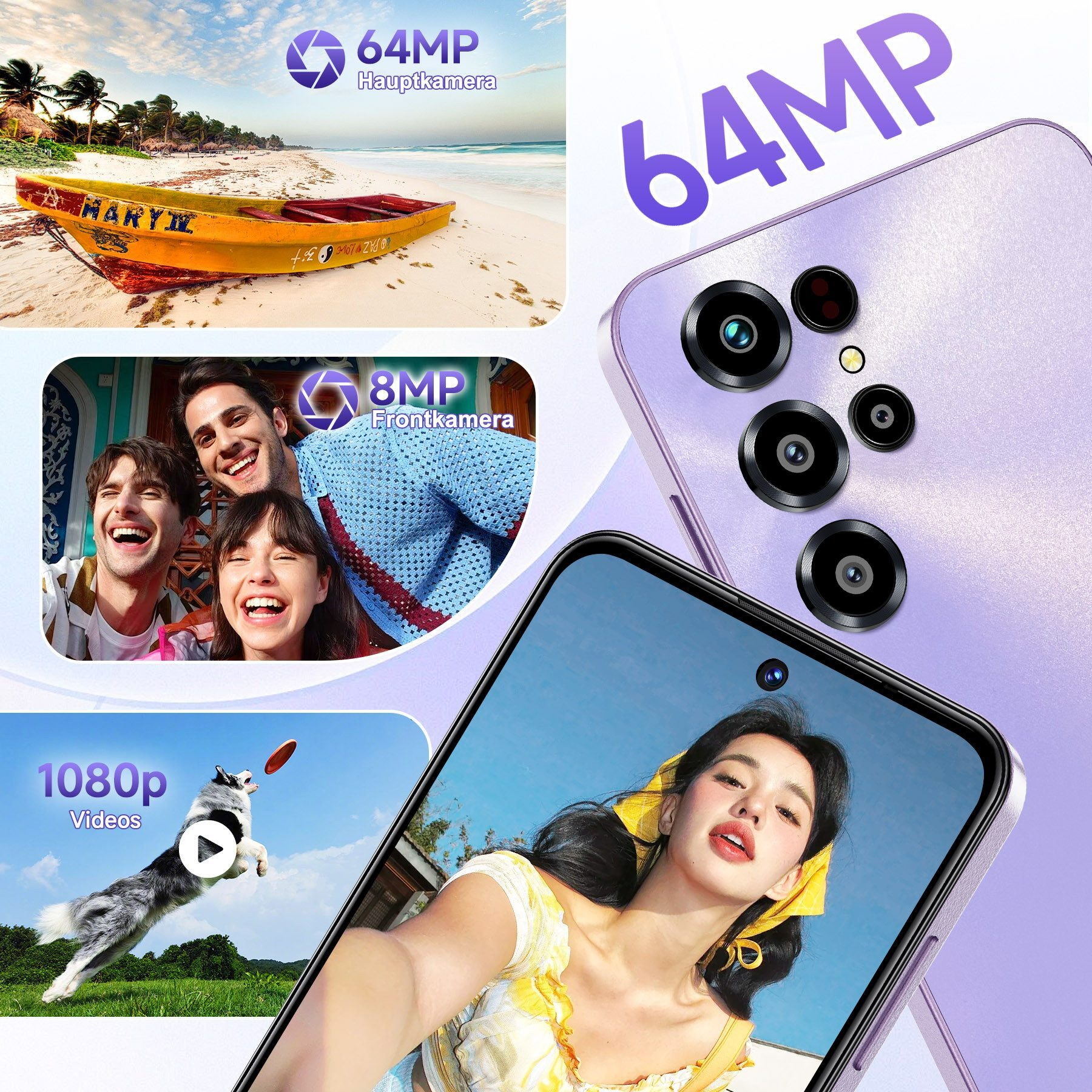 Ein lilafarbenes Smartphone mit mehreren Kameras und Einblendungen von Boot, Personen und Hund.