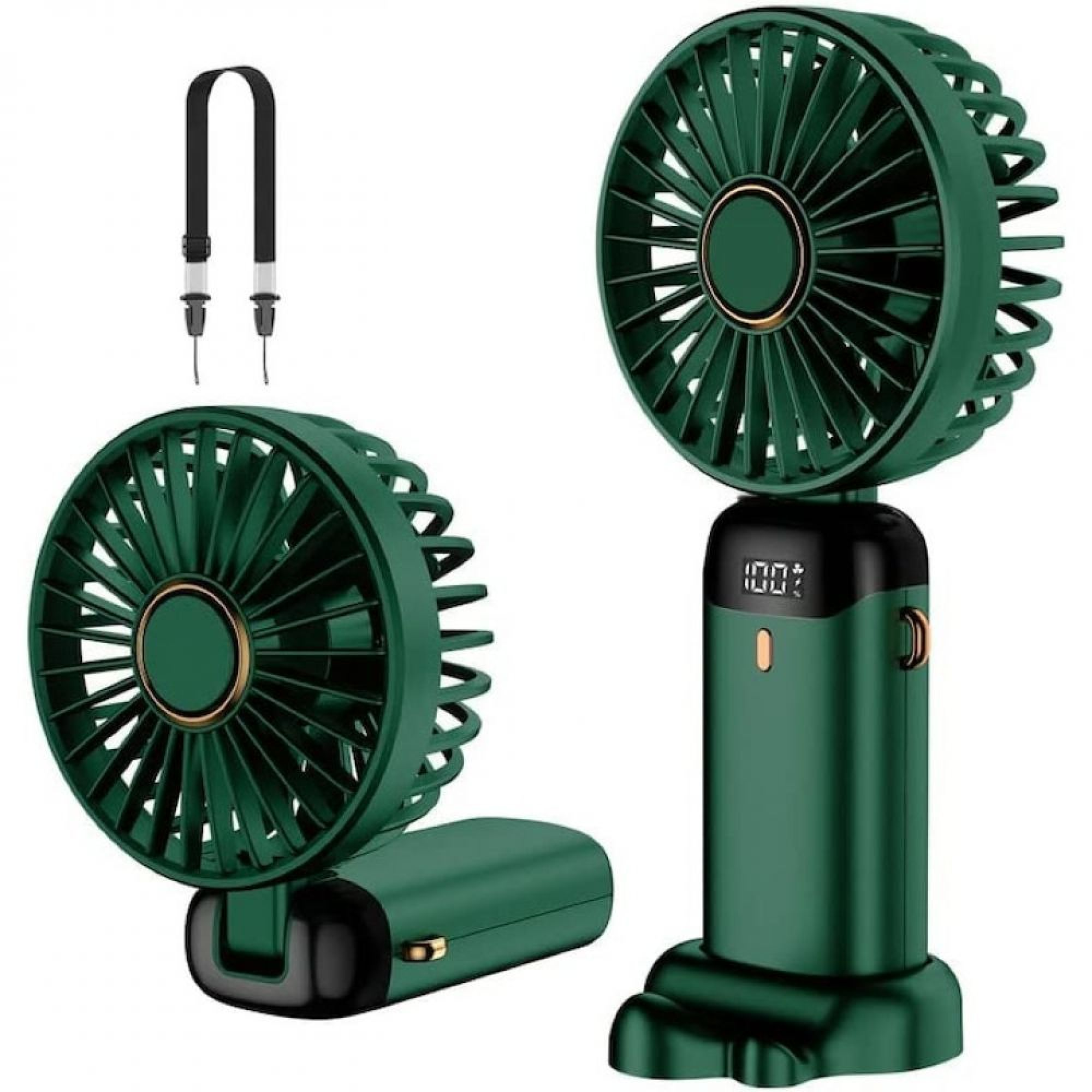Zwei grüne Mini-Ventilatoren, einer aufrecht, einer liegend mit Trageband.