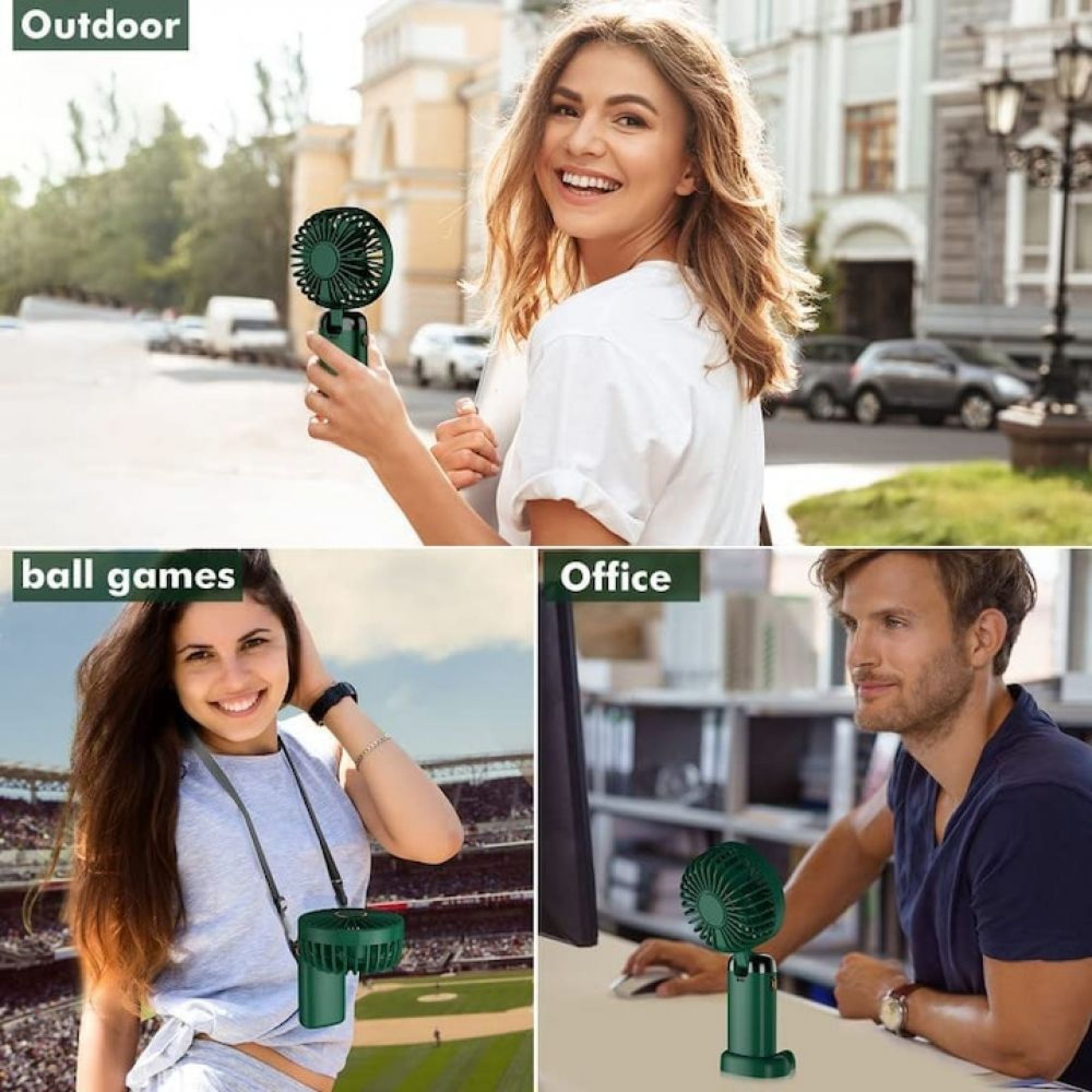 Collage: Frau mit Ventilator draußen, Mädchen im Stadion, Mann am Schreibtisch mit Ventilator.