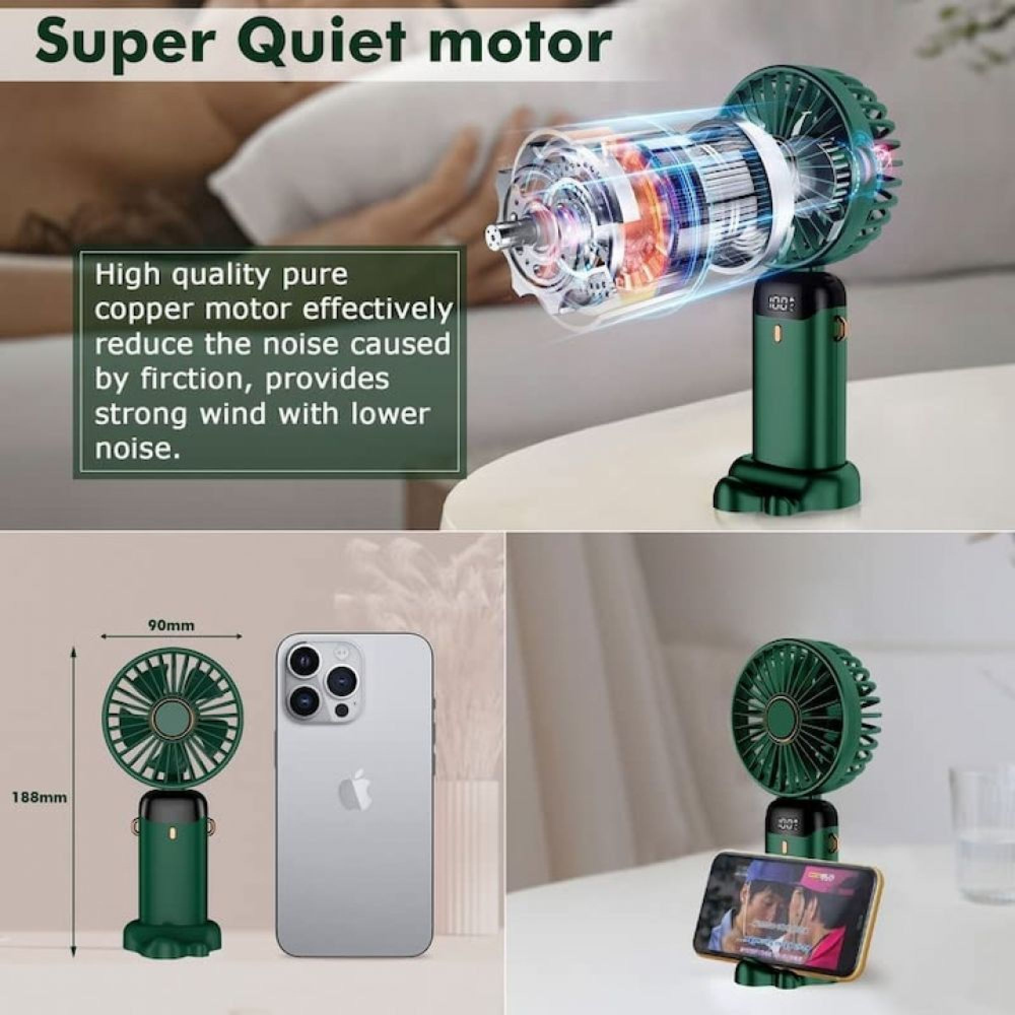 Ein grüner tragbarer Ventilator mit einem transparenten Motor und einem Telefonhalter.