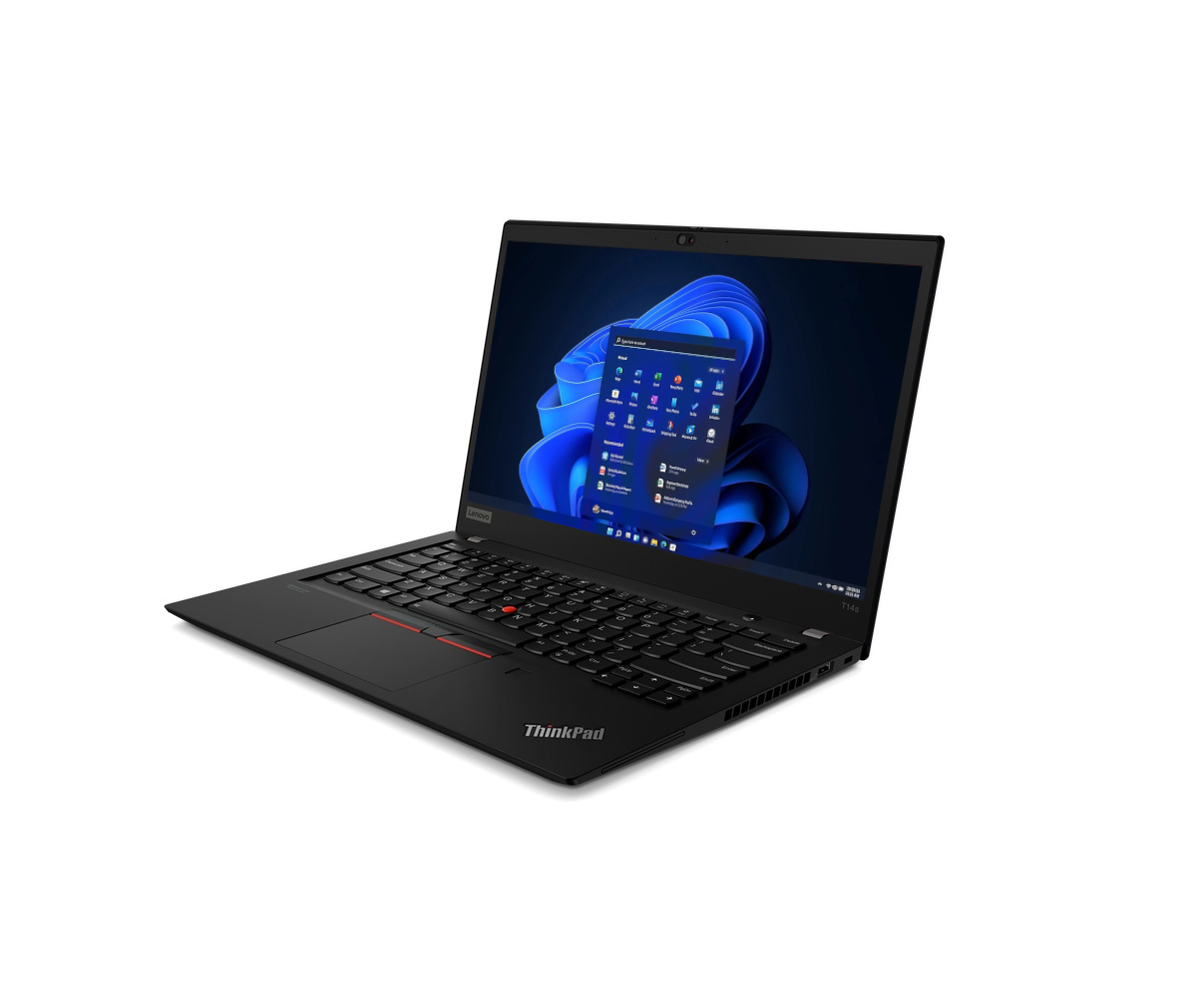Schwarzer Lenovo ThinkPad Laptop mit beleuchtetem Bildschirm, der das Windows 11-Betriebssystem zeigt.