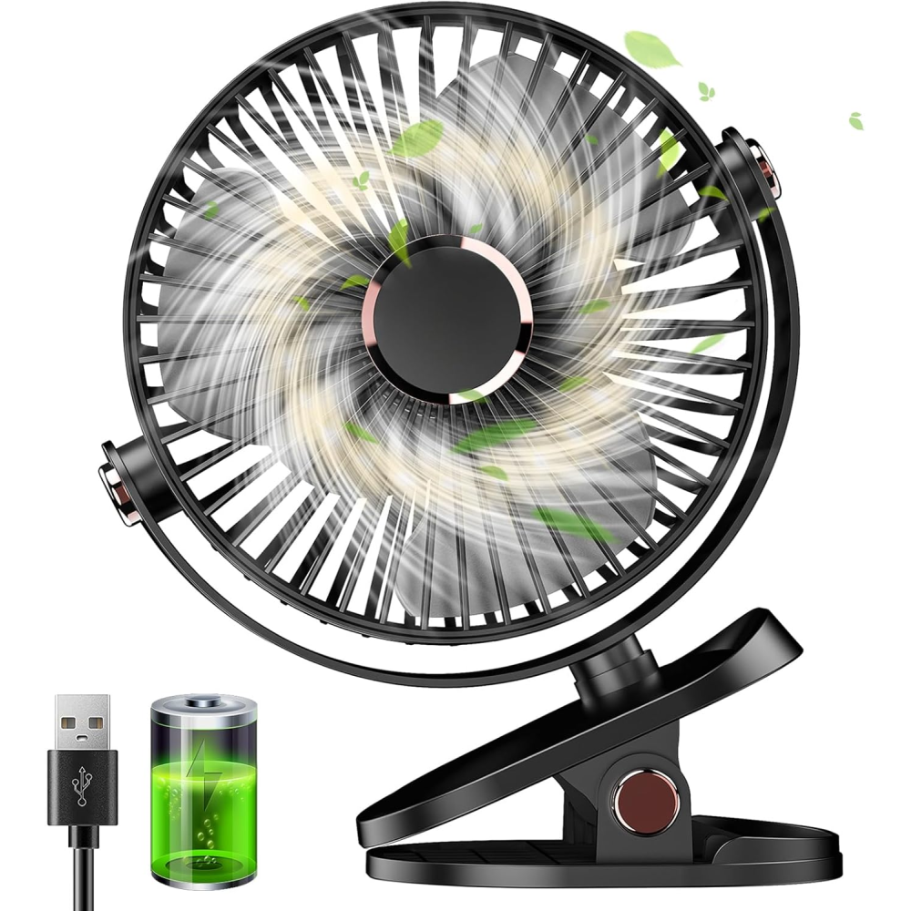 Ein schwarzer USB-Clip-Ventilator mit sich drehenden Blättern und grünen Blättern.
