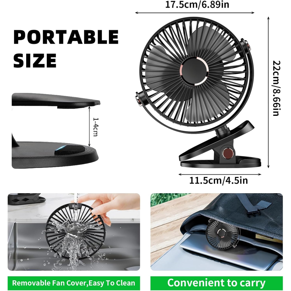 Ein tragbarer schwarzer Clip-Ventilator mit Maßen und Reinigungs- und Tragbarkeitsdetails.